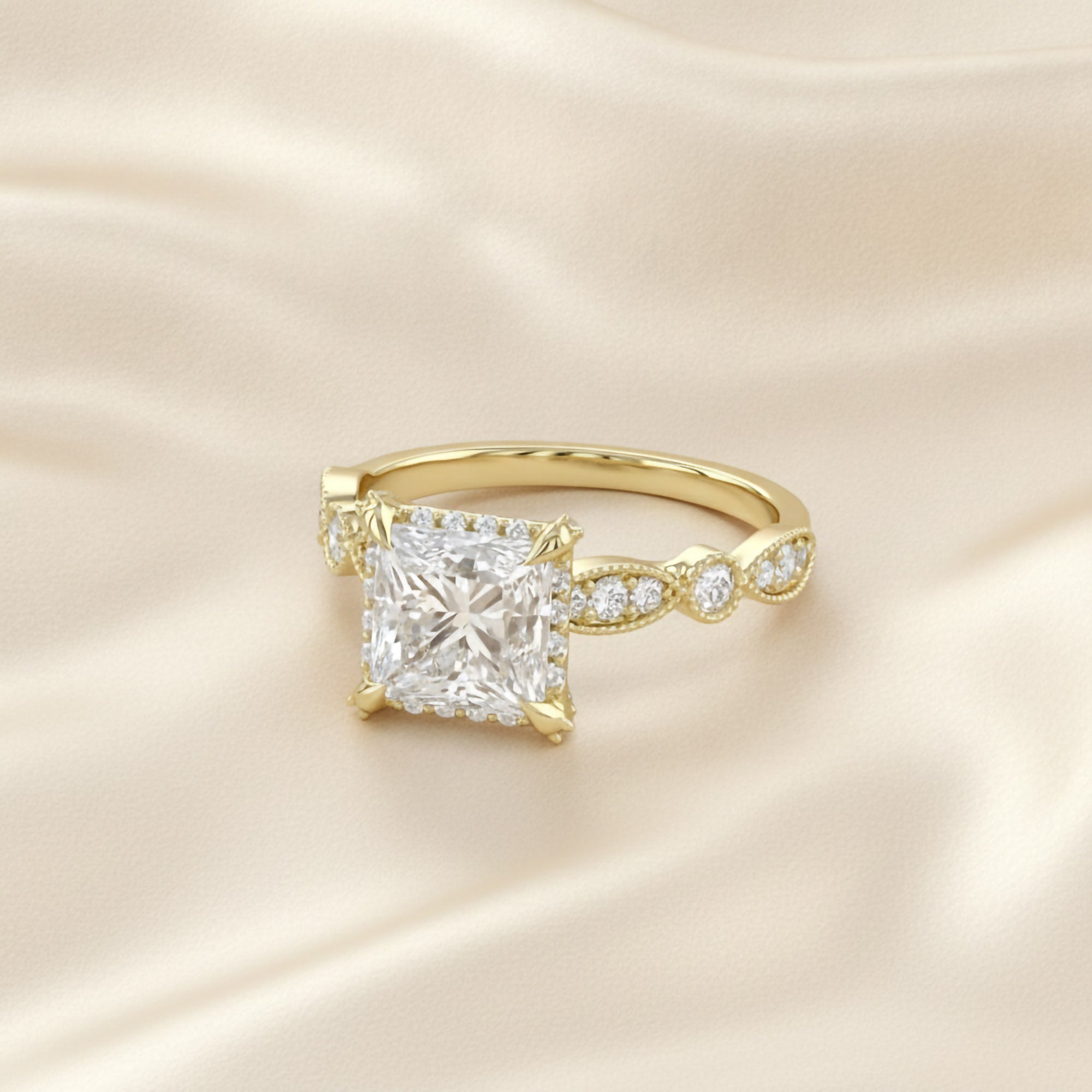 Princess Hidden Halo Solitare Lab Grown Diamond Beaded Engagement Ring