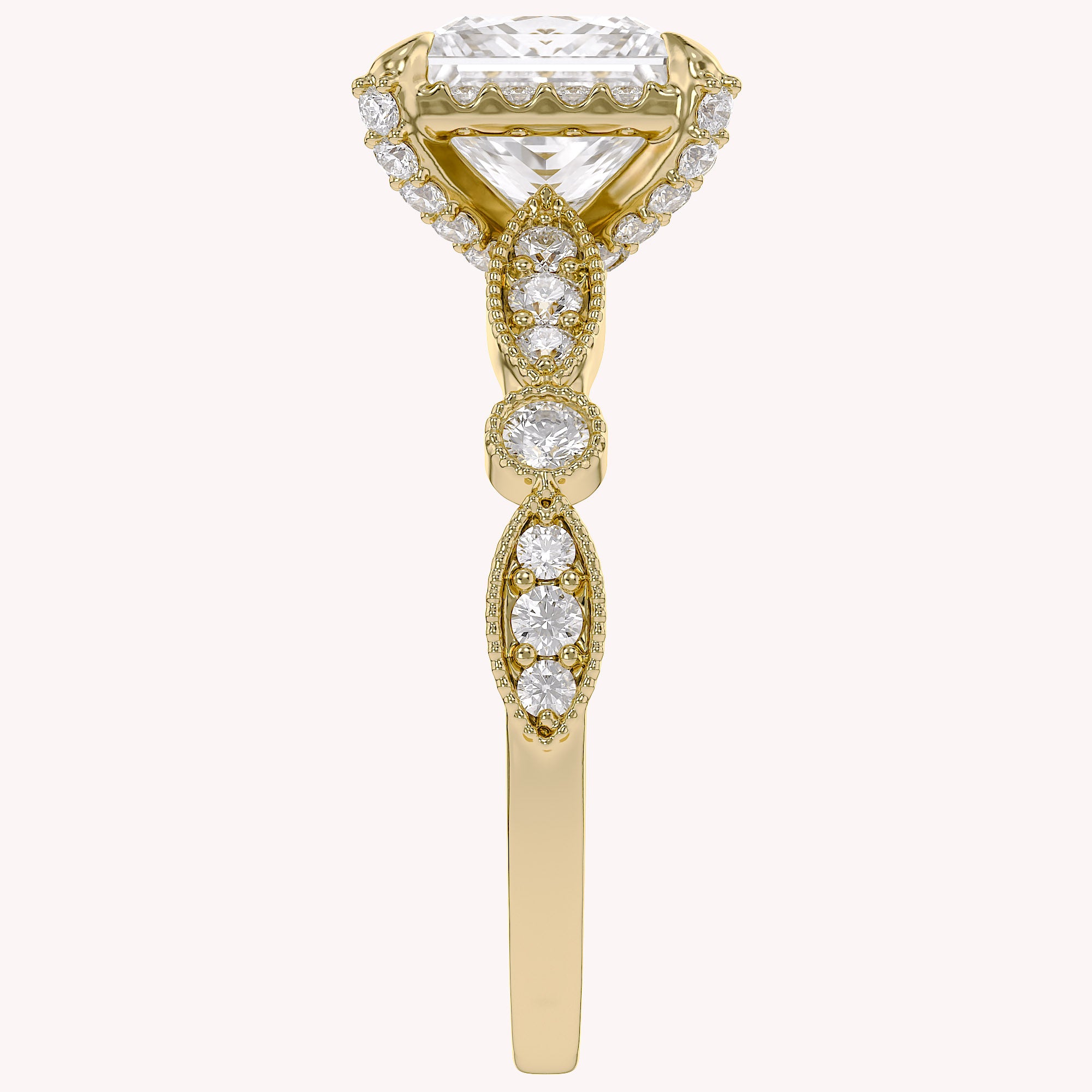 Princess Hidden Halo Solitare Lab Grown Diamond Beaded Engagement Ring