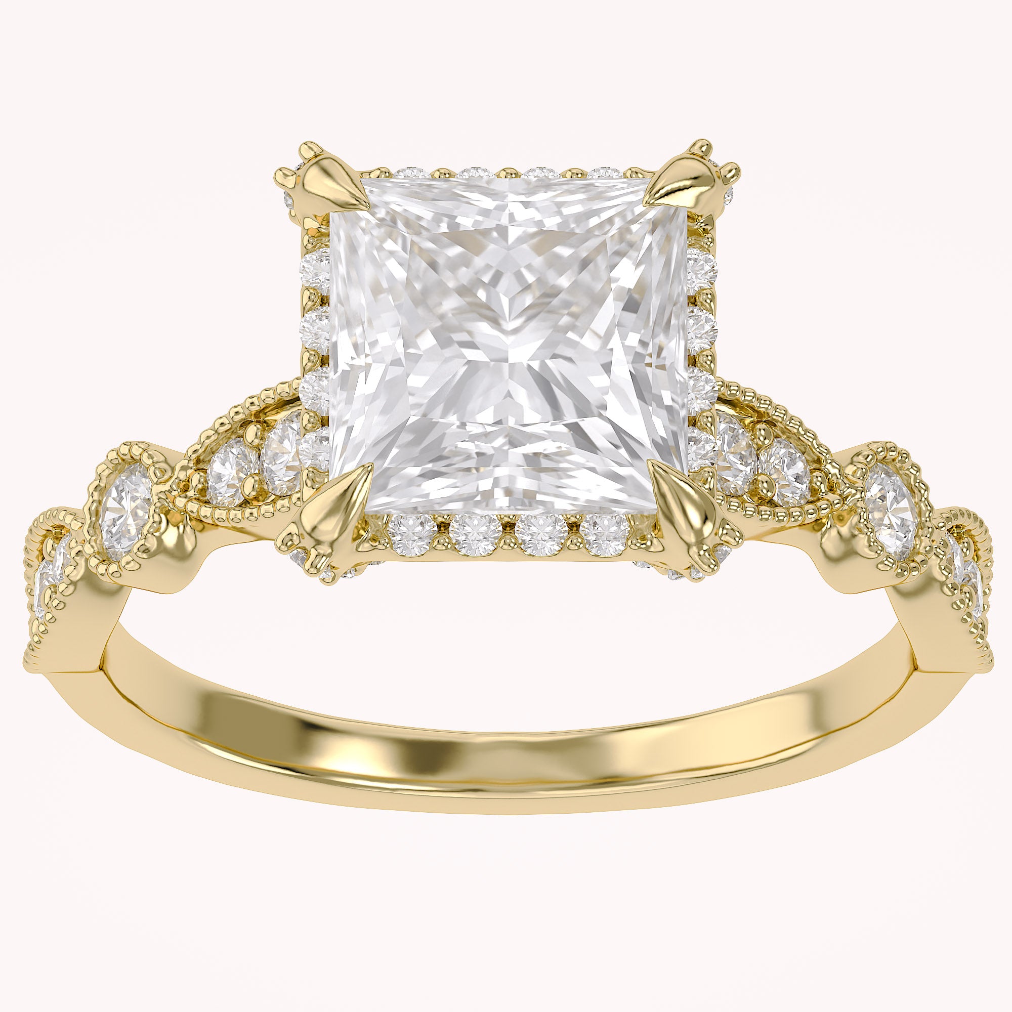 Princess Hidden Halo Solitare Lab Grown Diamond Beaded Engagement Ring
