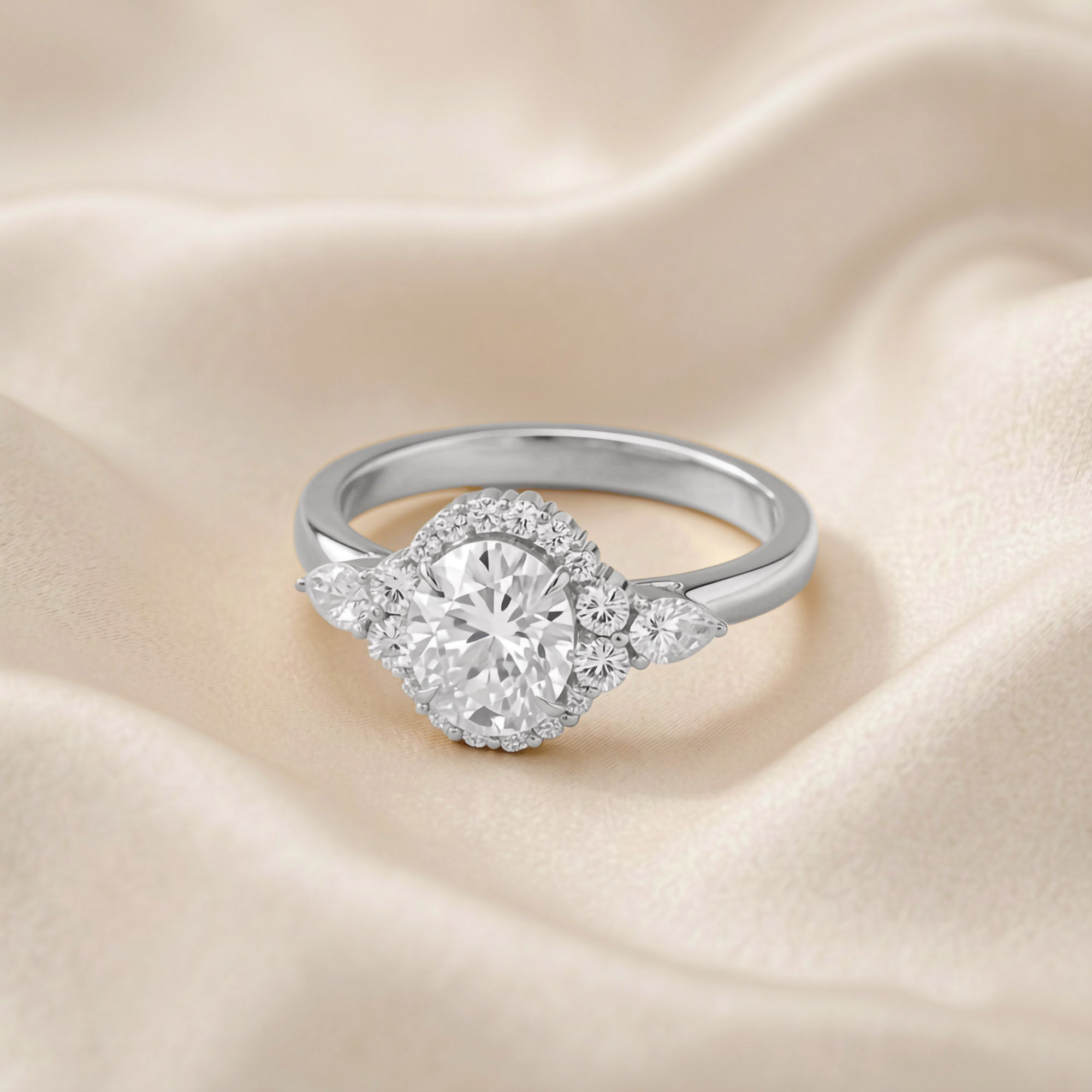 Lori 3 Stone Halo Oval Cut Lab Grown Diamond Engagement Ring