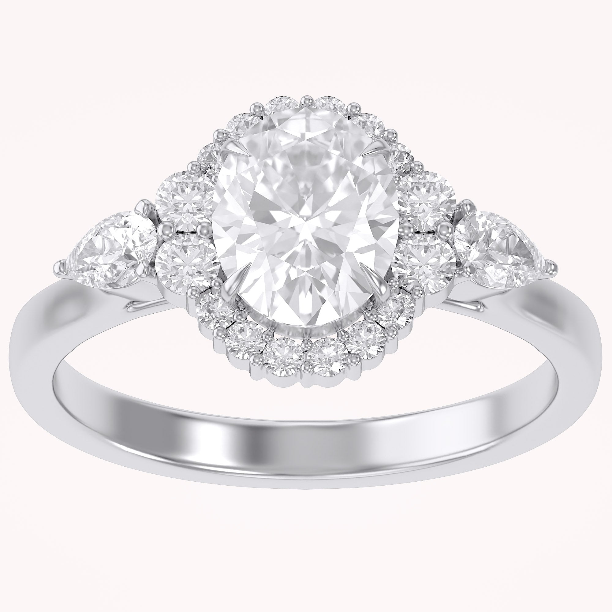 Lori 3 Stone Halo Oval Cut Lab Grown Diamond Engagement Ring