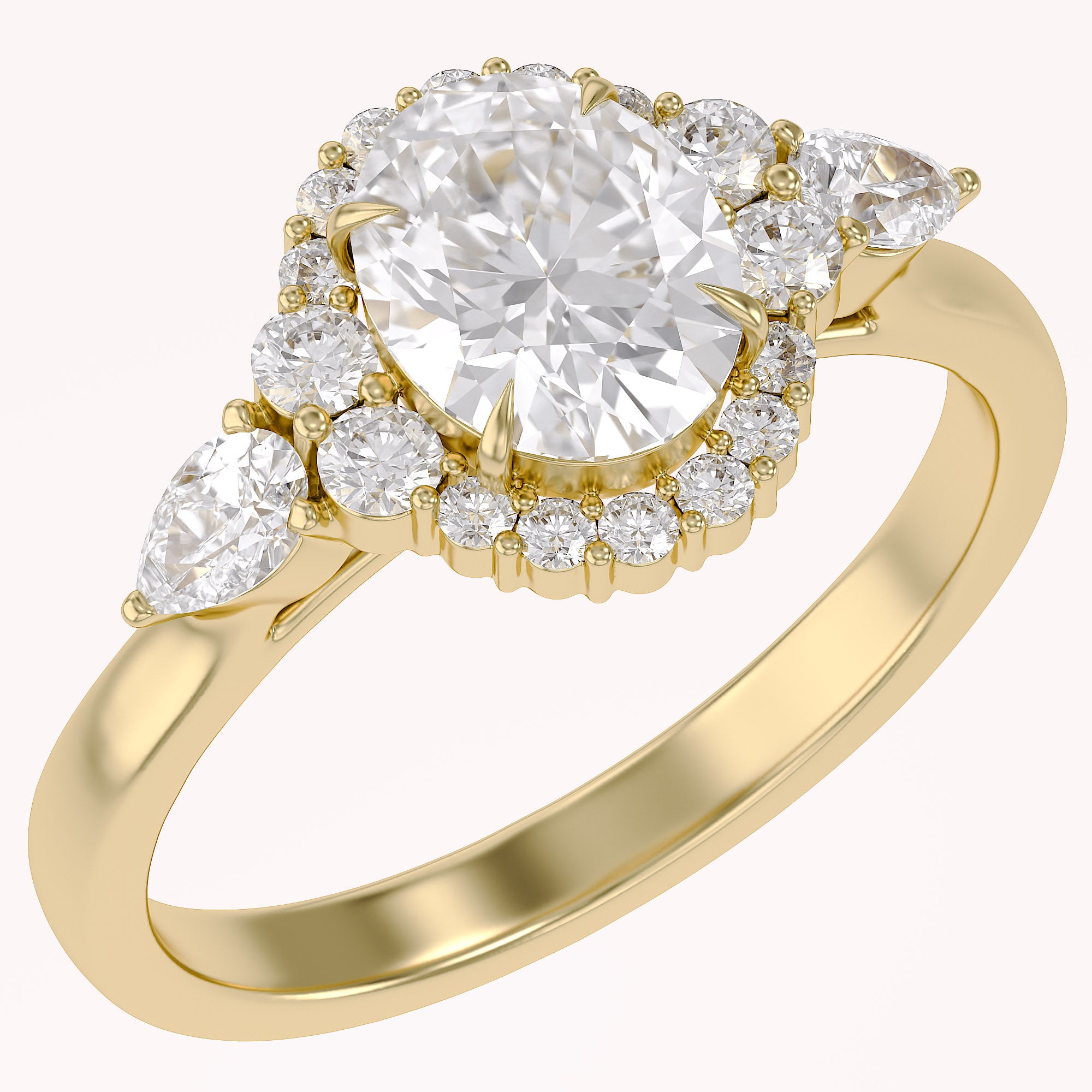Lori 3 Stone Halo Oval Cut Lab Grown Diamond Engagement Ring