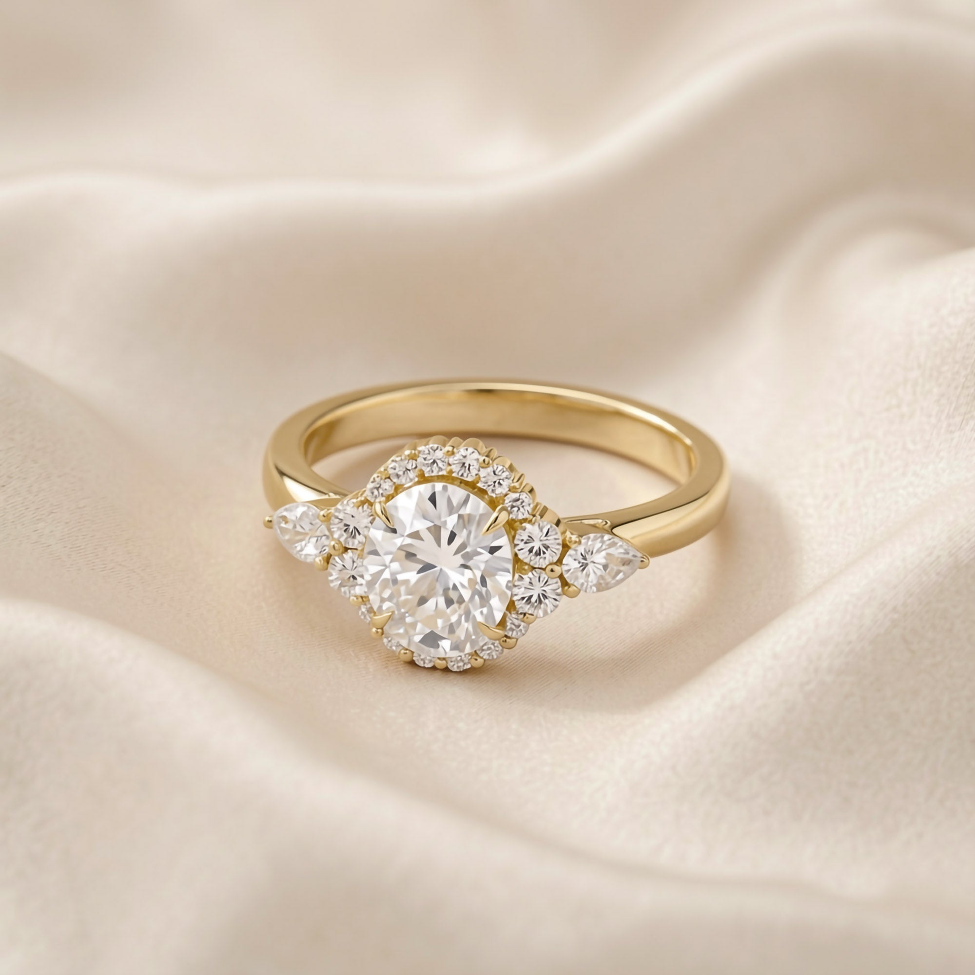 Lori 3 Stone Halo Oval Cut Lab Grown Diamond Engagement Ring