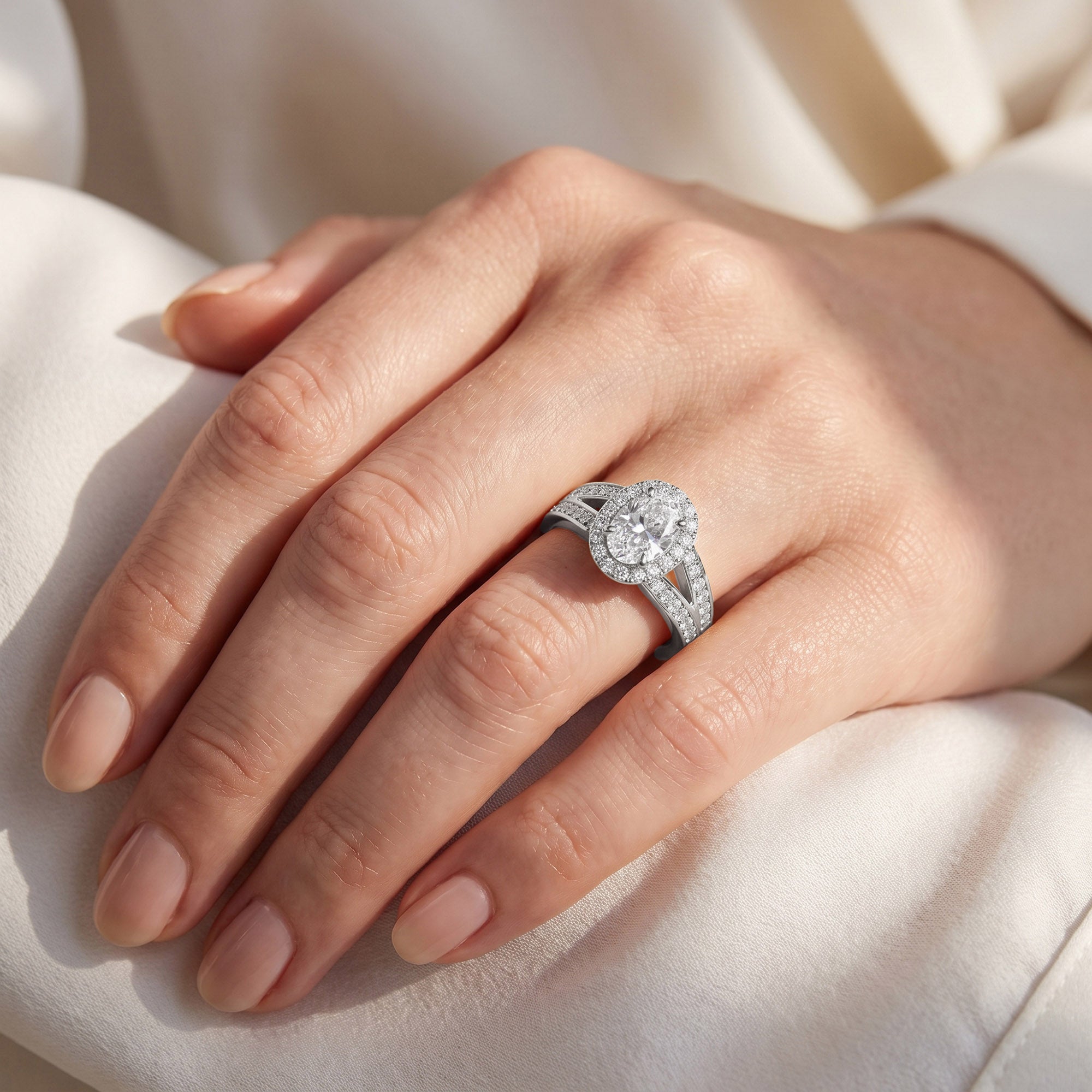 Premium Oval Diamond Engagement Ring with Prong Set Round Diamonds