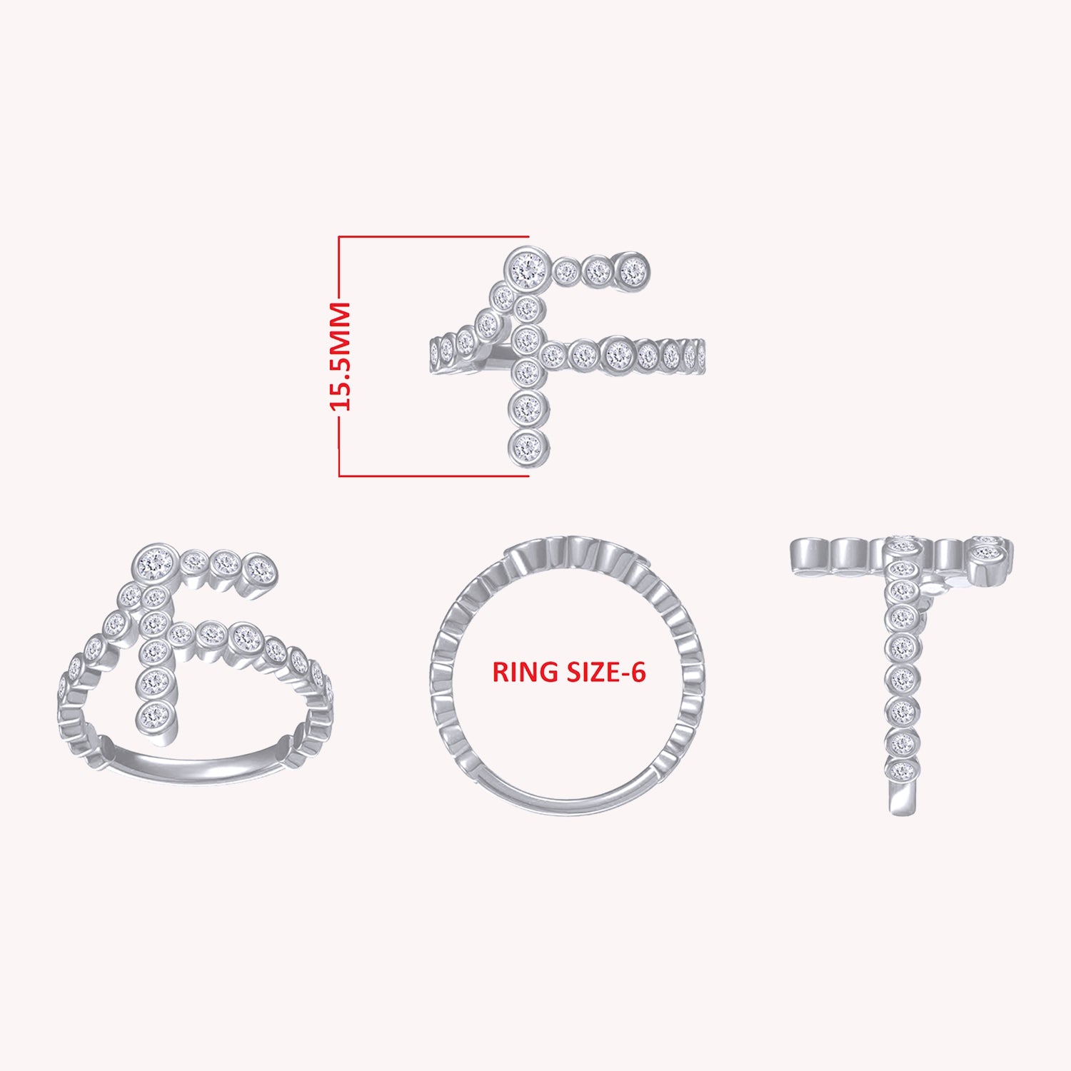 Initial Letter "F" Alphabet Lab Created Moissanite Bezel Set Promise Ring