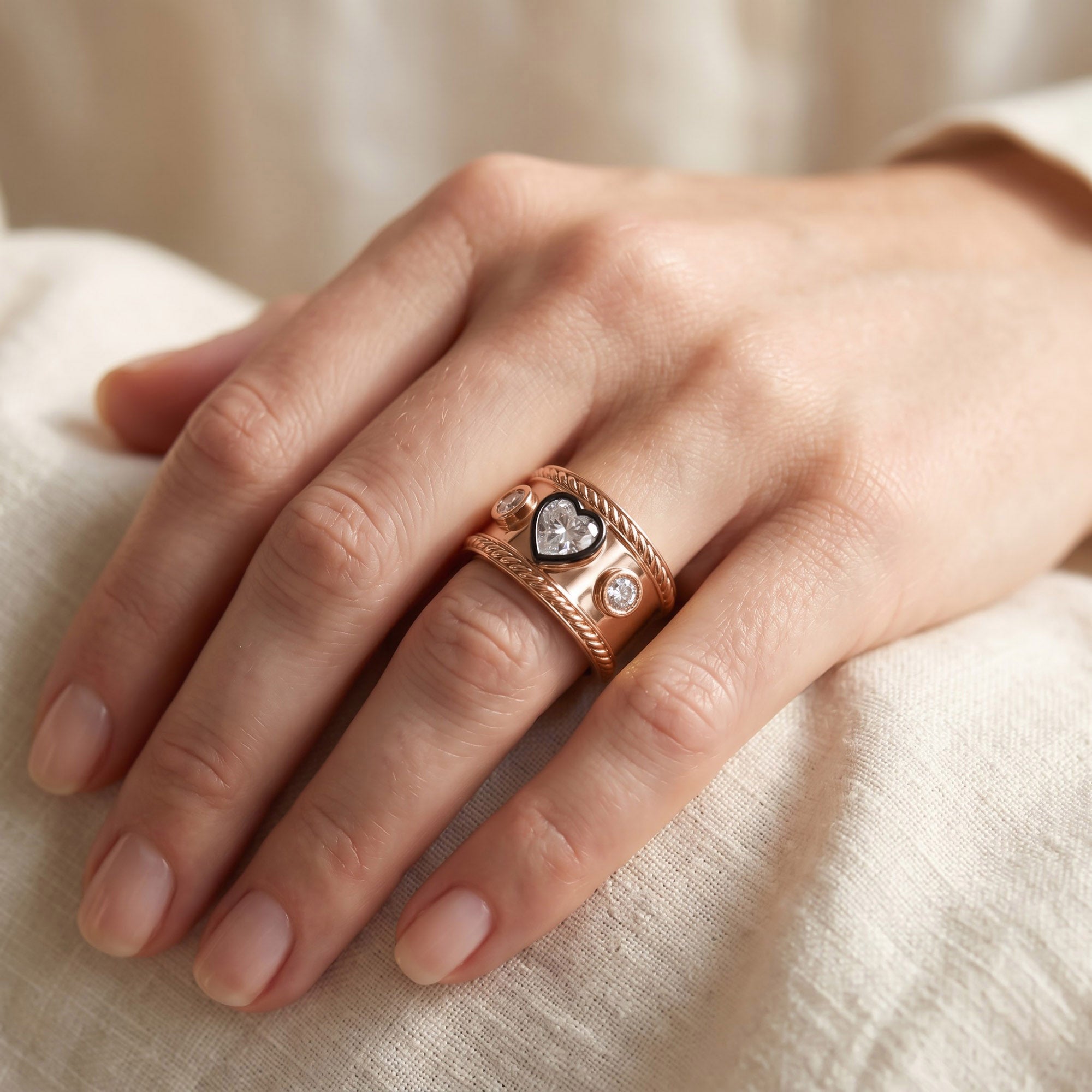 0.80 CT Heart Shape Lab Grown Diamond Vintage Cigar Band Ring