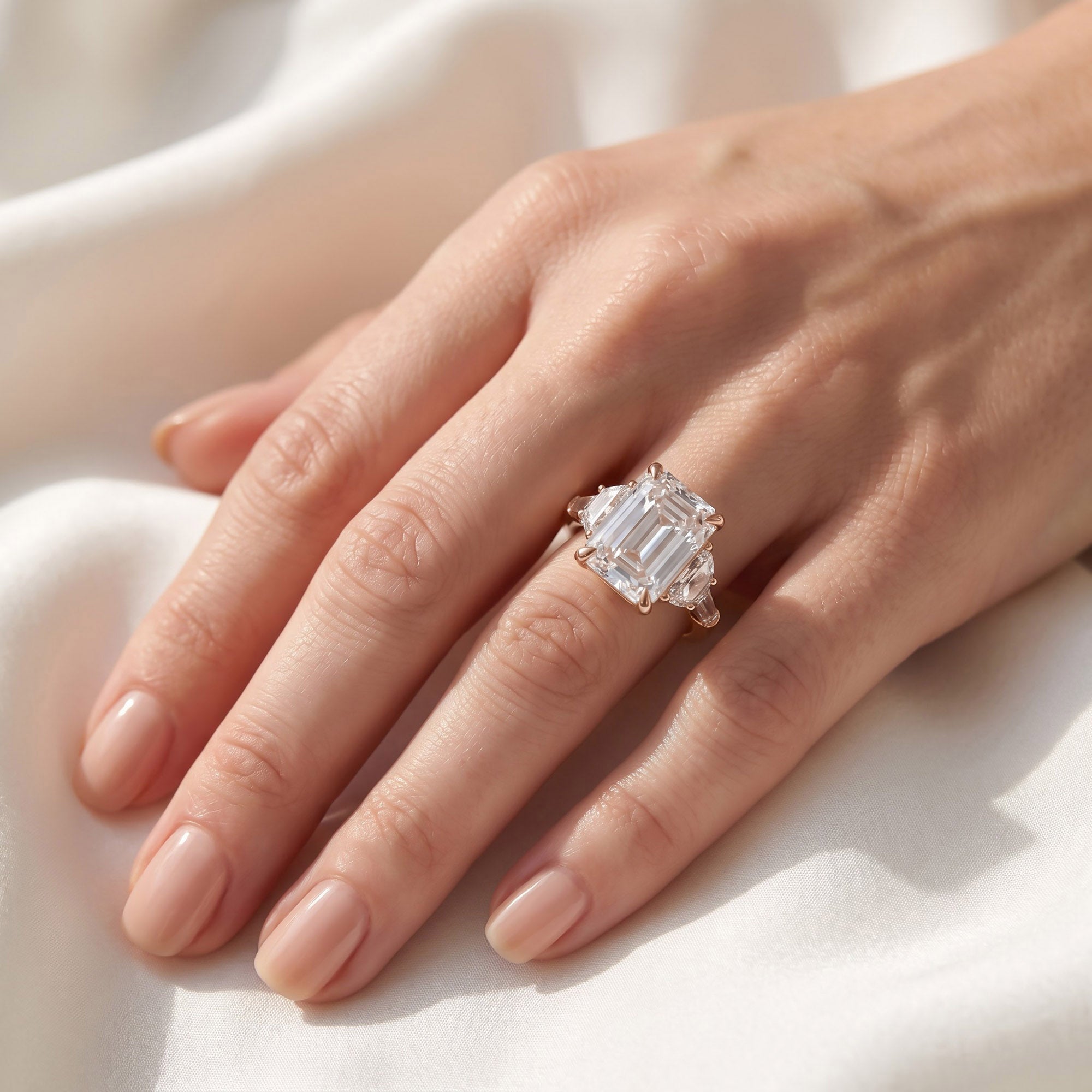 16.50 CTTW Emerald Cut Lab Grown Diamond Three Stone Engagement Ring