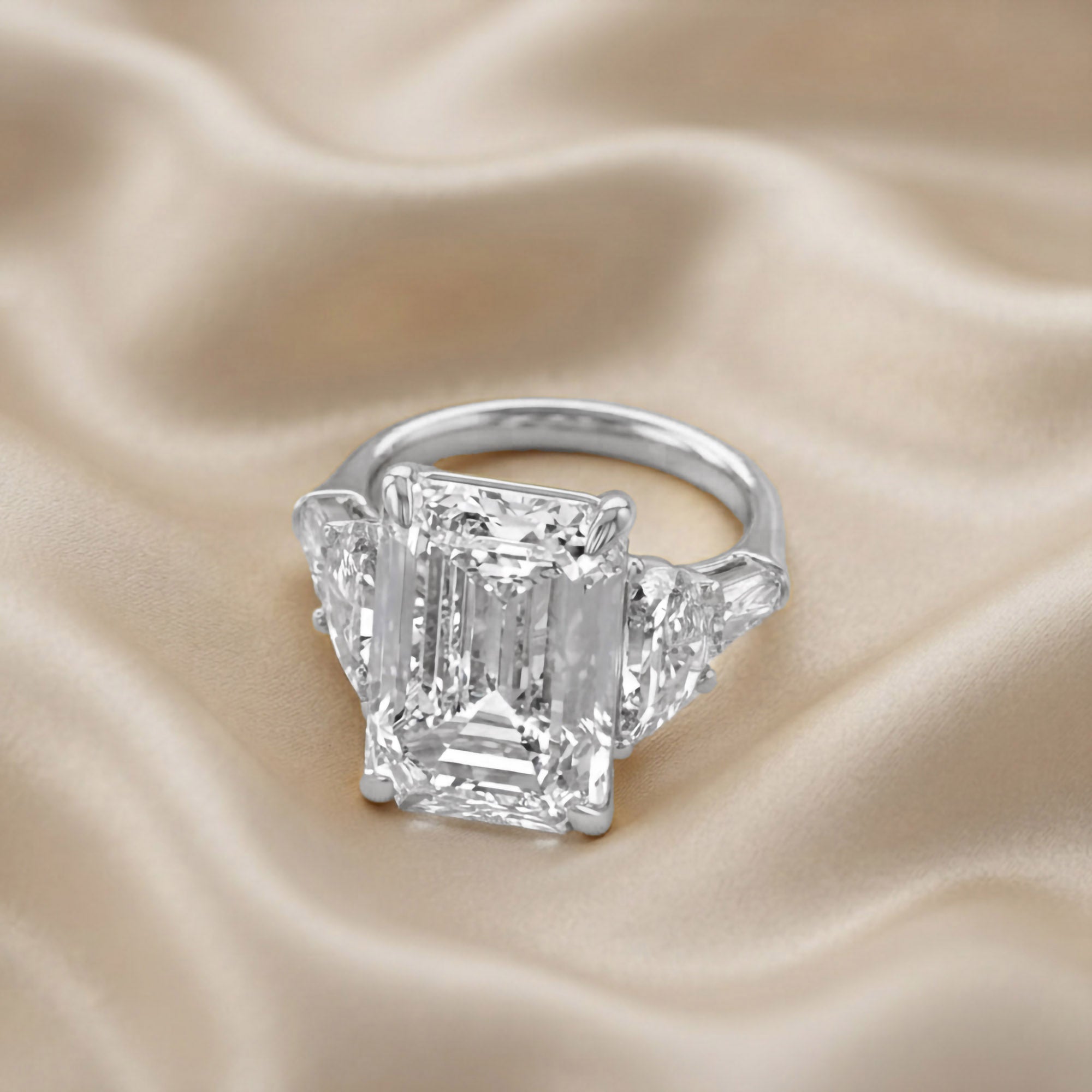 16.50 CTTW Emerald Cut Lab Grown Diamond Three Stone Engagement Ring