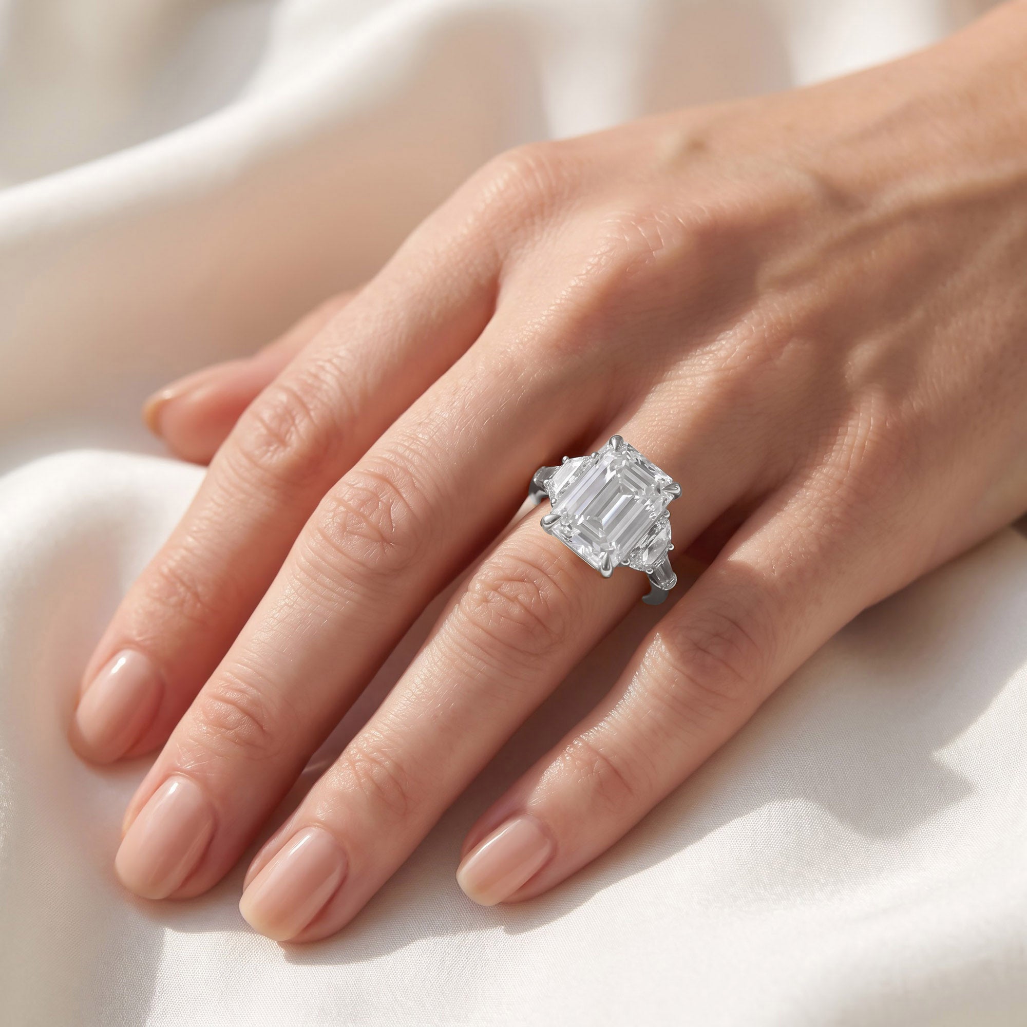 16.50 CTTW Emerald Cut Lab Grown Diamond Three Stone Engagement Ring
