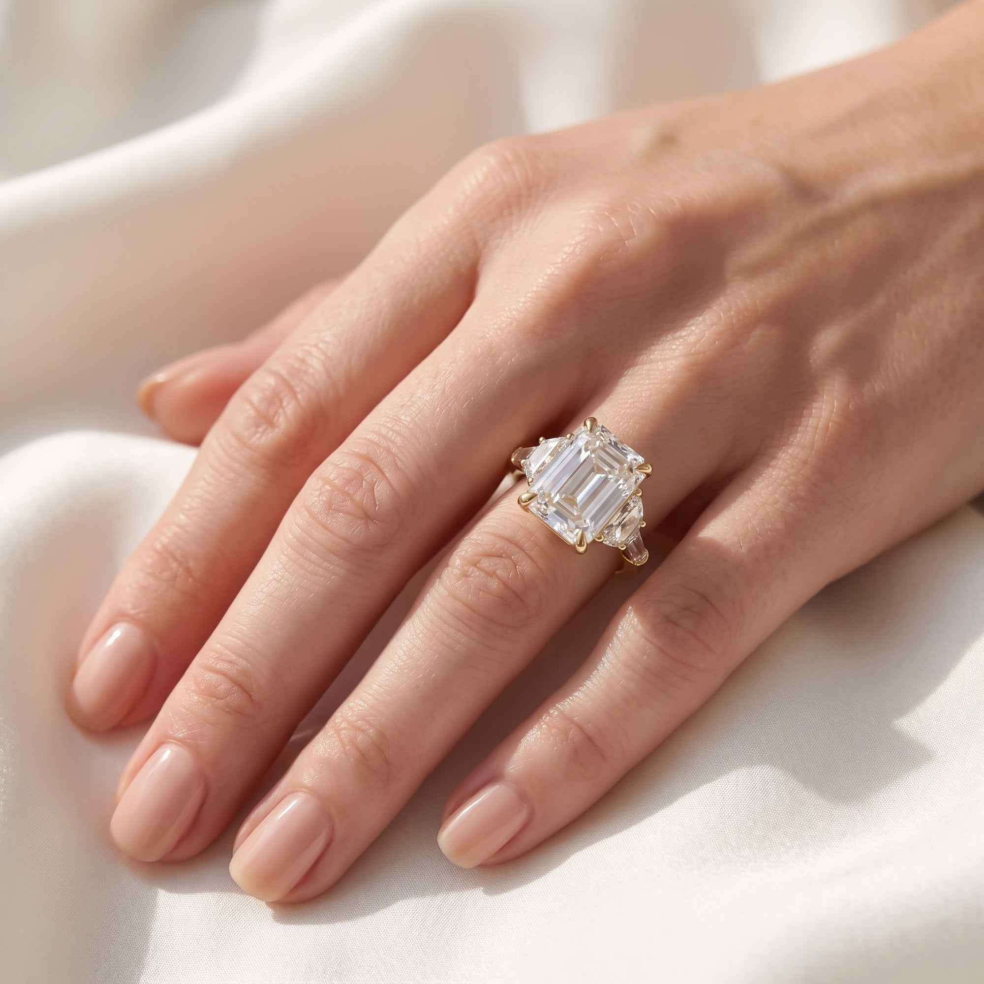 16.50 CTTW Emerald Cut Lab Grown Diamond Three Stone Engagement Ring