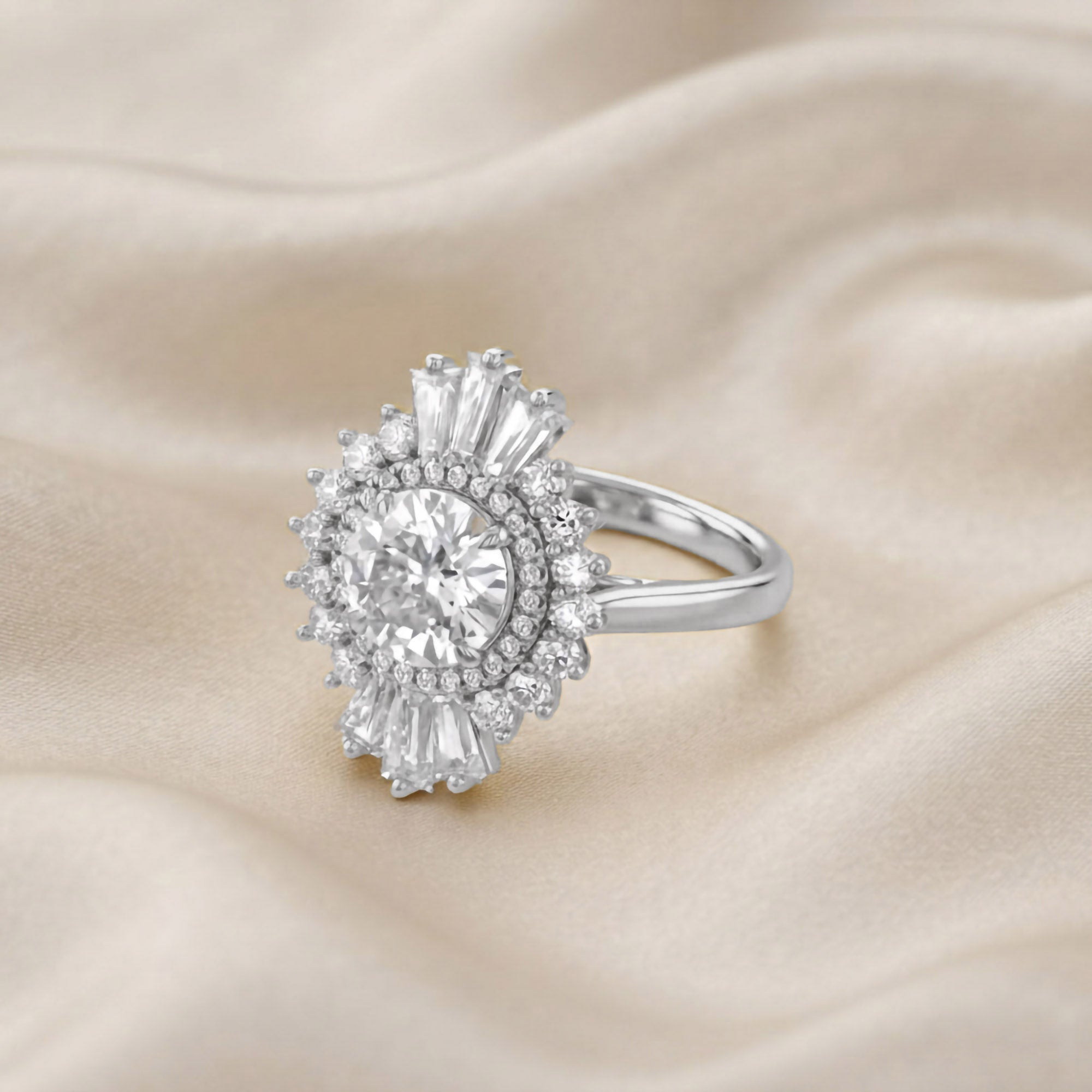 4.30 CT Lab Grown Diamond Sunburst Double Halo Engagement Ring