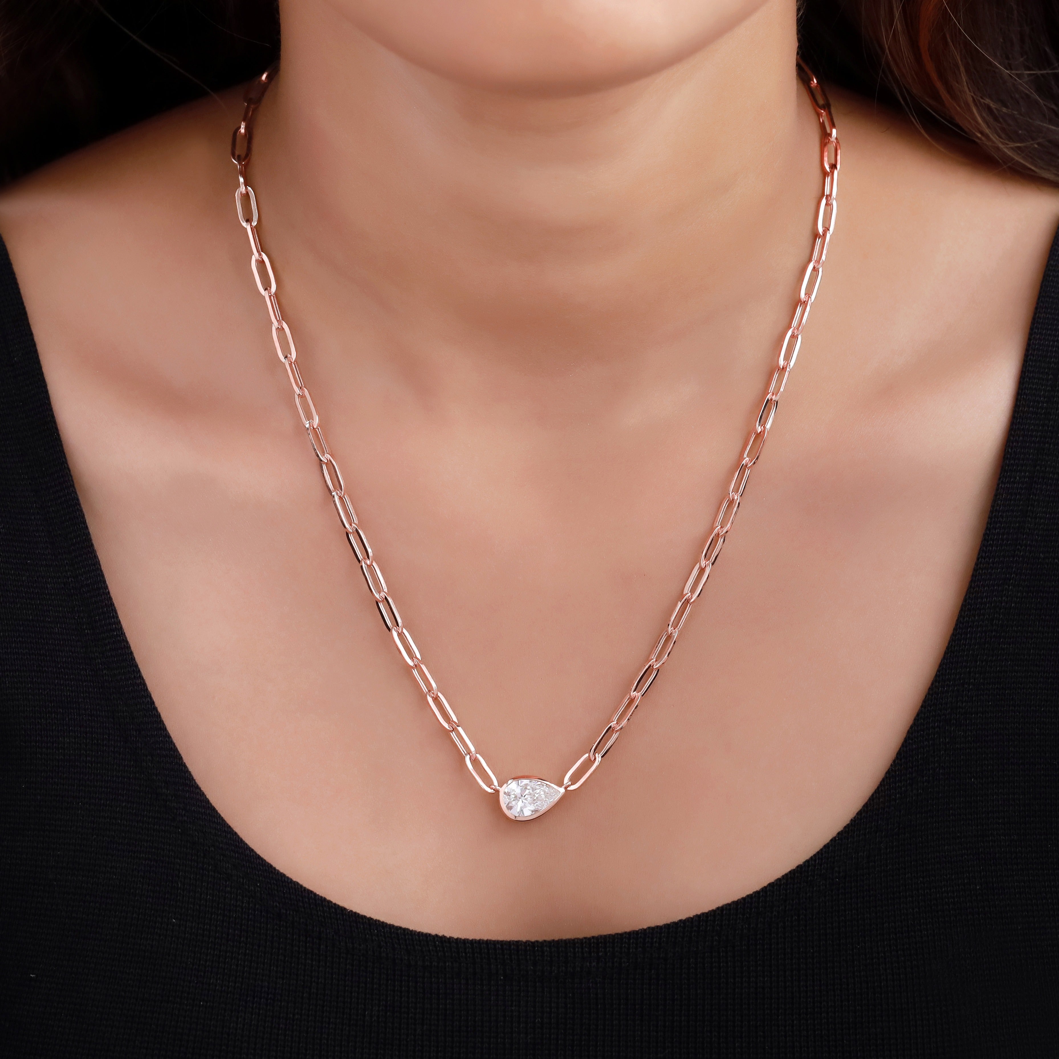 Solitaire Link Chain Necklace Lab Grown Diamond Necklace 16"+2" Extender