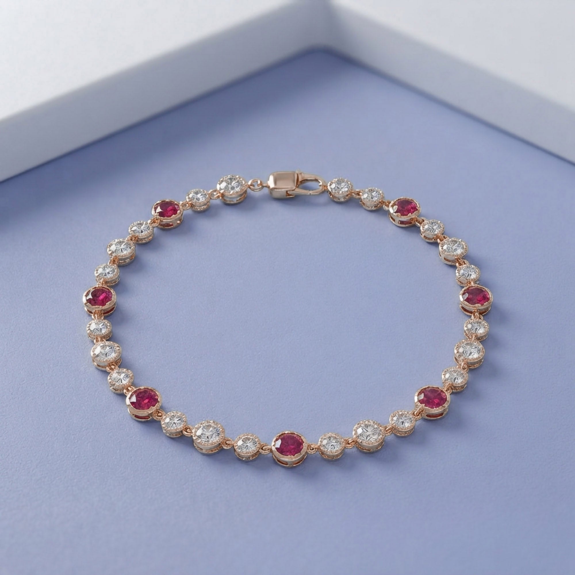 5.15 CT Alternating Lab Created Ruby & Lab Grown Diamond Bezel Tennis Bracelet 7"
