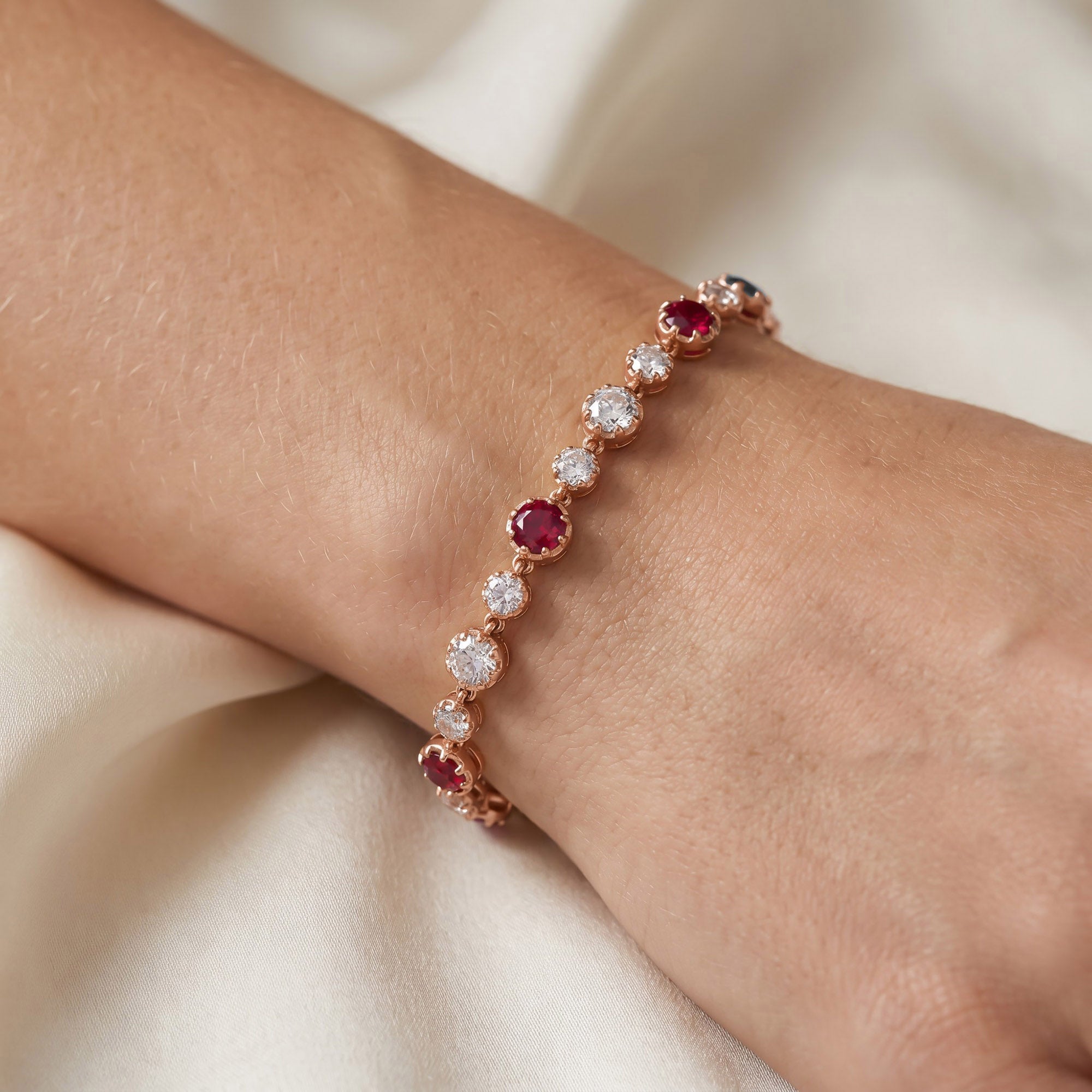 5.15 CT Alternating Lab Created Ruby & Lab Grown Diamond Bezel Tennis Bracelet 7"