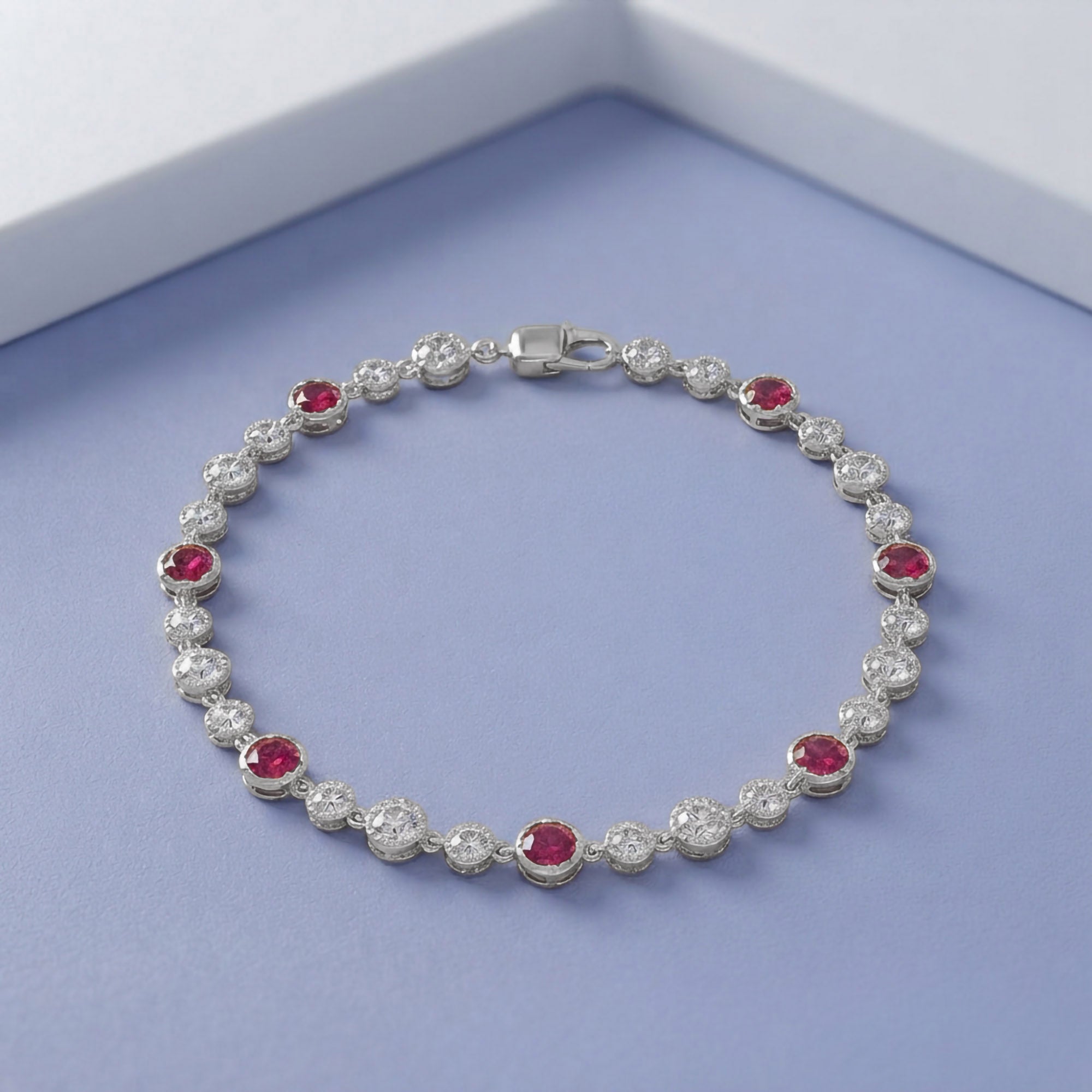 5.15 CT Alternating Lab Created Ruby & Lab Grown Diamond Bezel Tennis Bracelet 7"