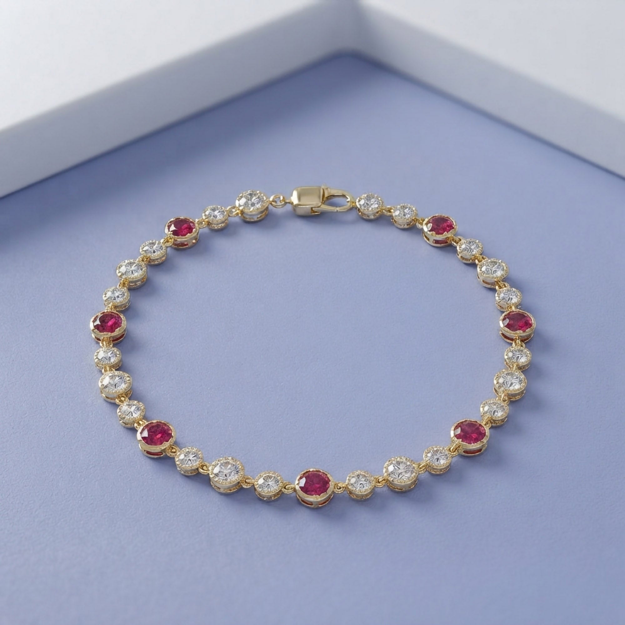 5.15 CT Alternating Lab Created Ruby & Lab Grown Diamond Bezel Tennis Bracelet 7"