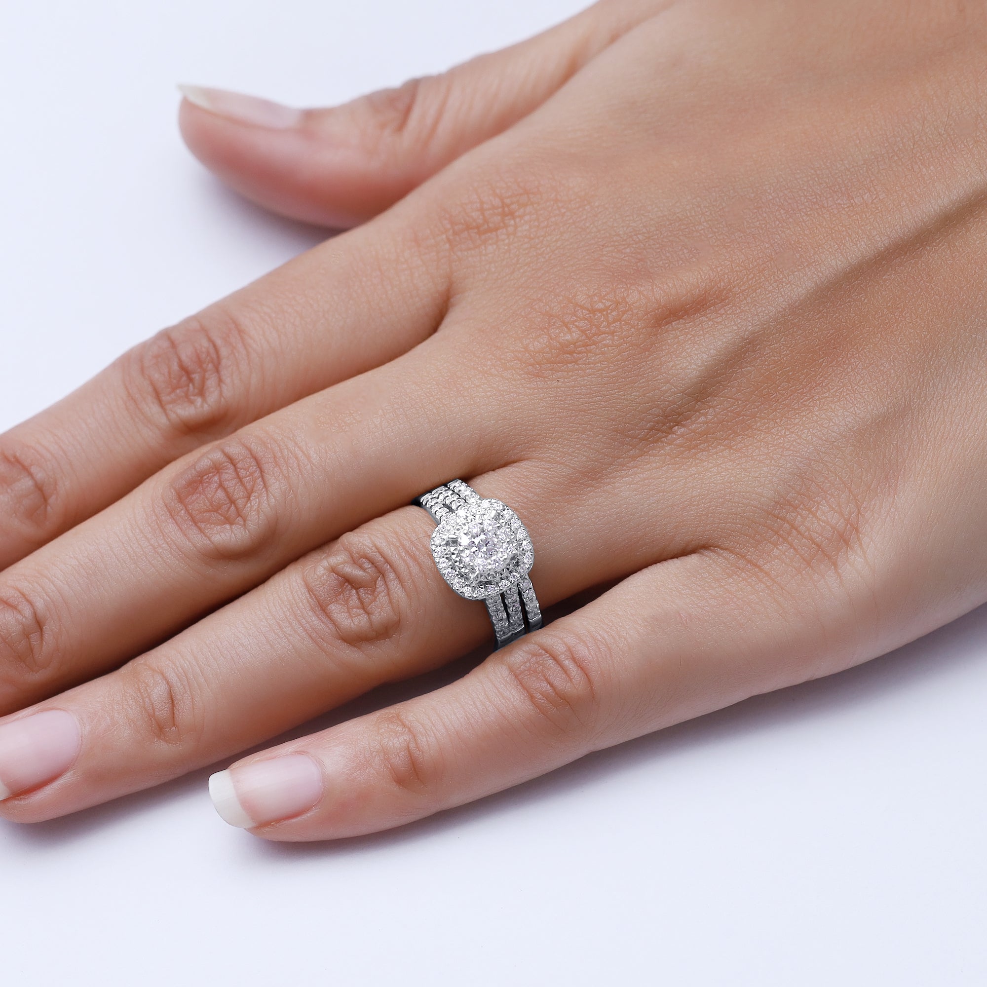 Lab Grown Diamond Halo Wedding Engagement Ring Set In 14K Gold Over Sterling Silver, 10K or 14K Solid Gold