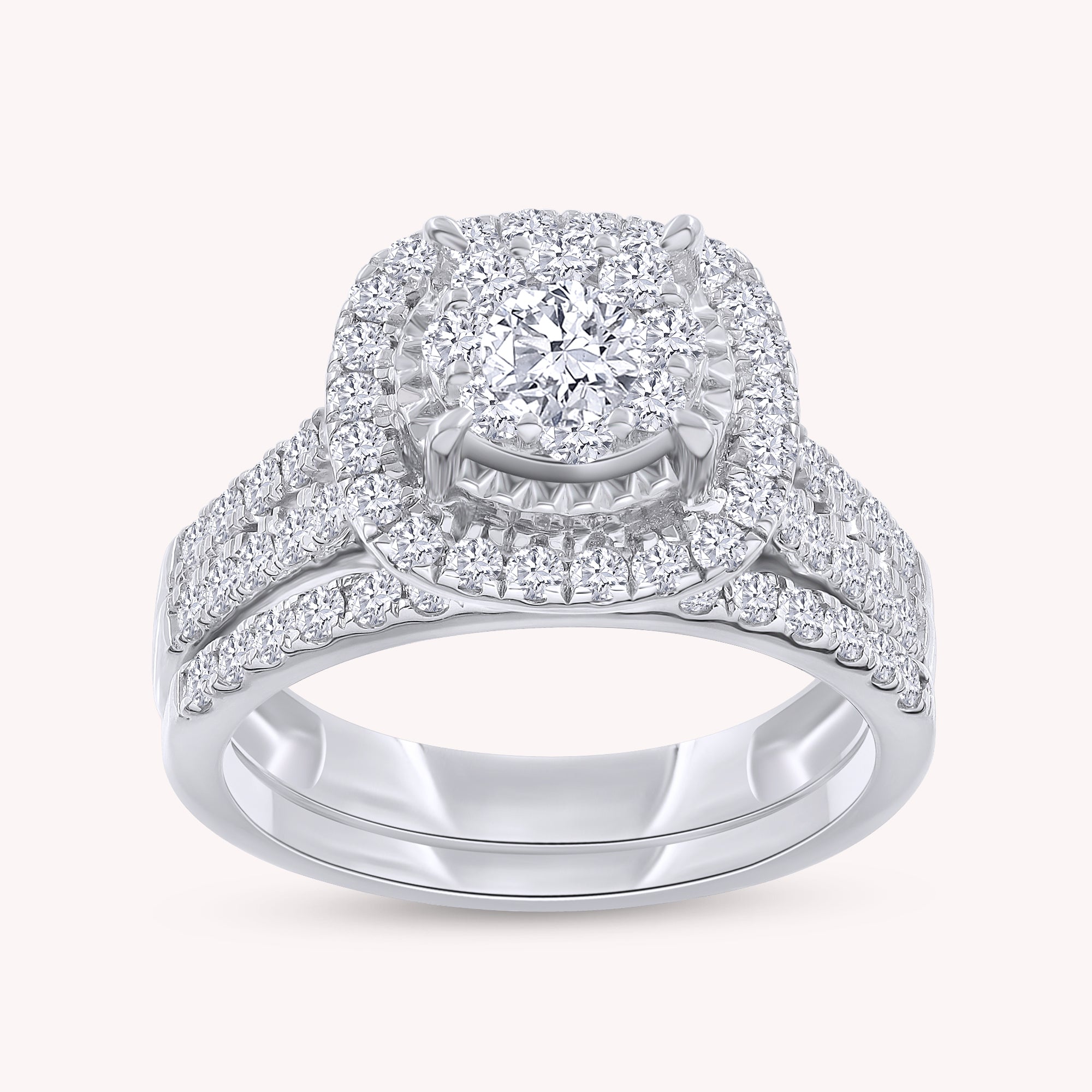 Lab Grown Diamond Halo Wedding Engagement Ring Set In 14K Gold Over Sterling Silver, 10K or 14K Solid Gold
