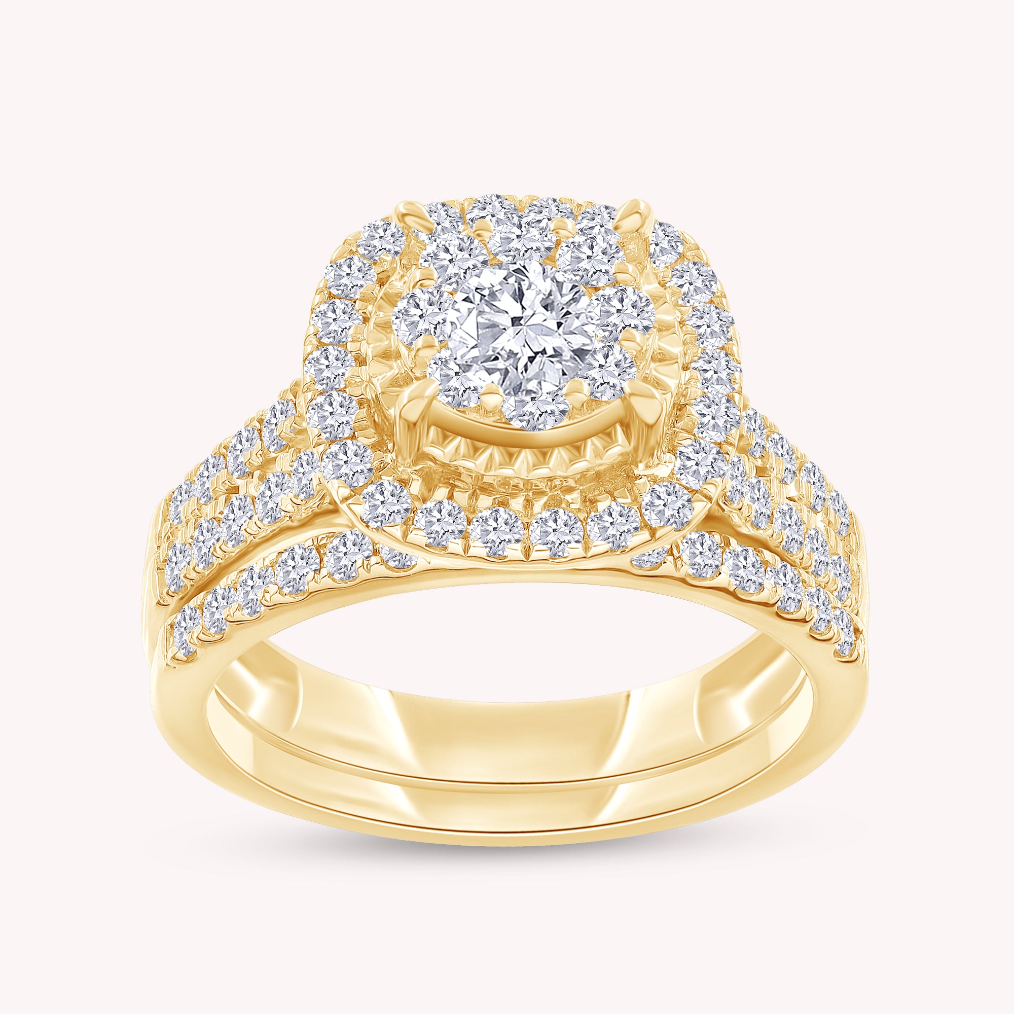 Lab Grown Diamond Halo Wedding Engagement Ring Set In 14K Gold Over Sterling Silver, 10K or 14K Solid Gold