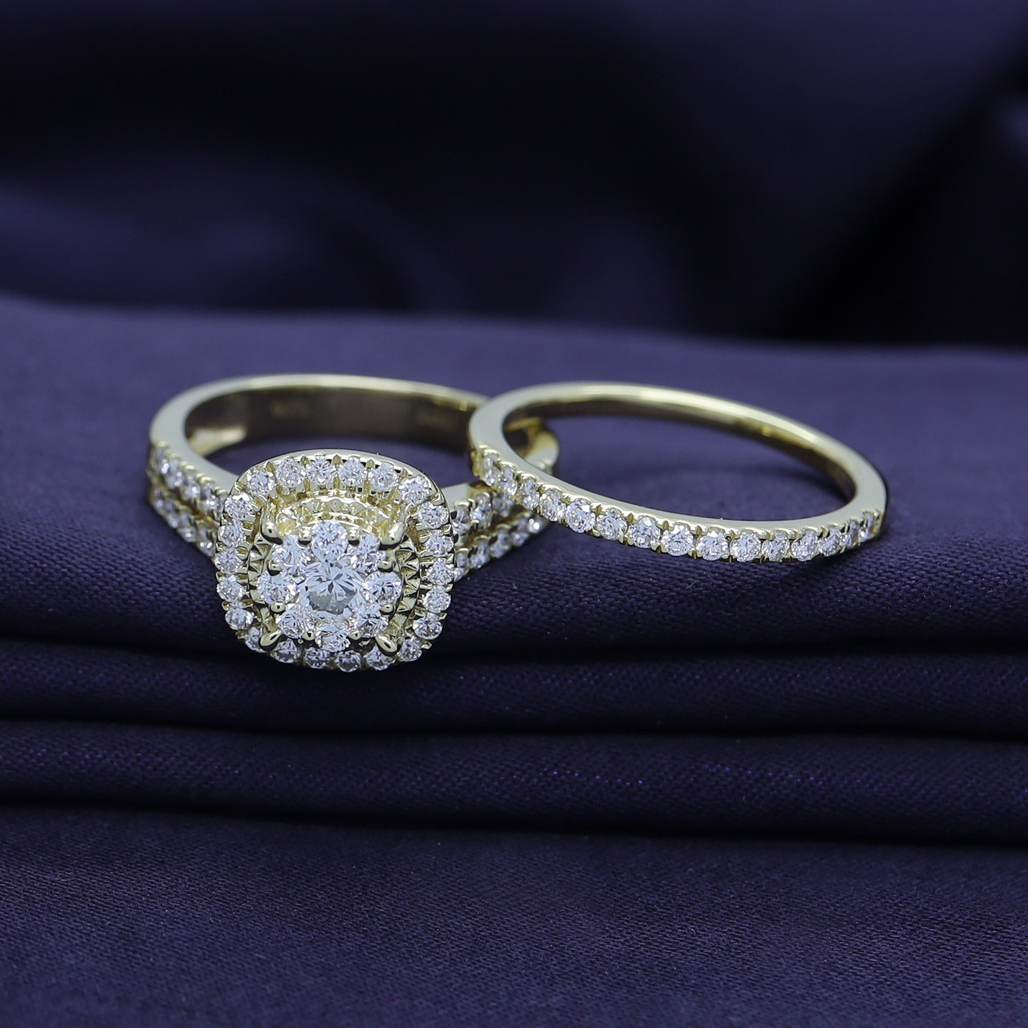 Lab Grown Diamond Halo Wedding Engagement Ring Set In 14K Gold Over Sterling Silver, 10K or 14K Solid Gold