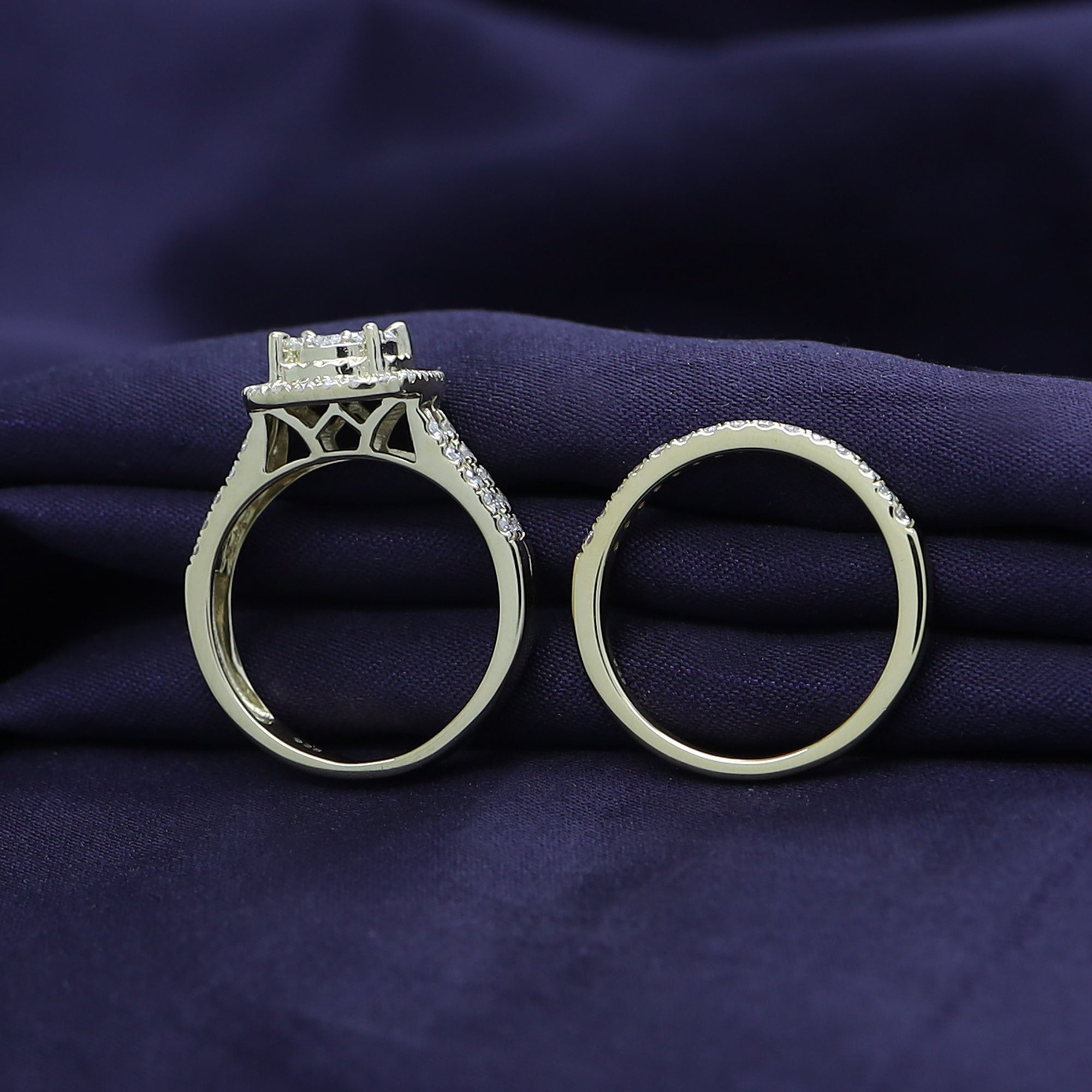 Lab Grown Diamond Halo Wedding Engagement Ring Set In 14K Gold Over Sterling Silver, 10K or 14K Solid Gold