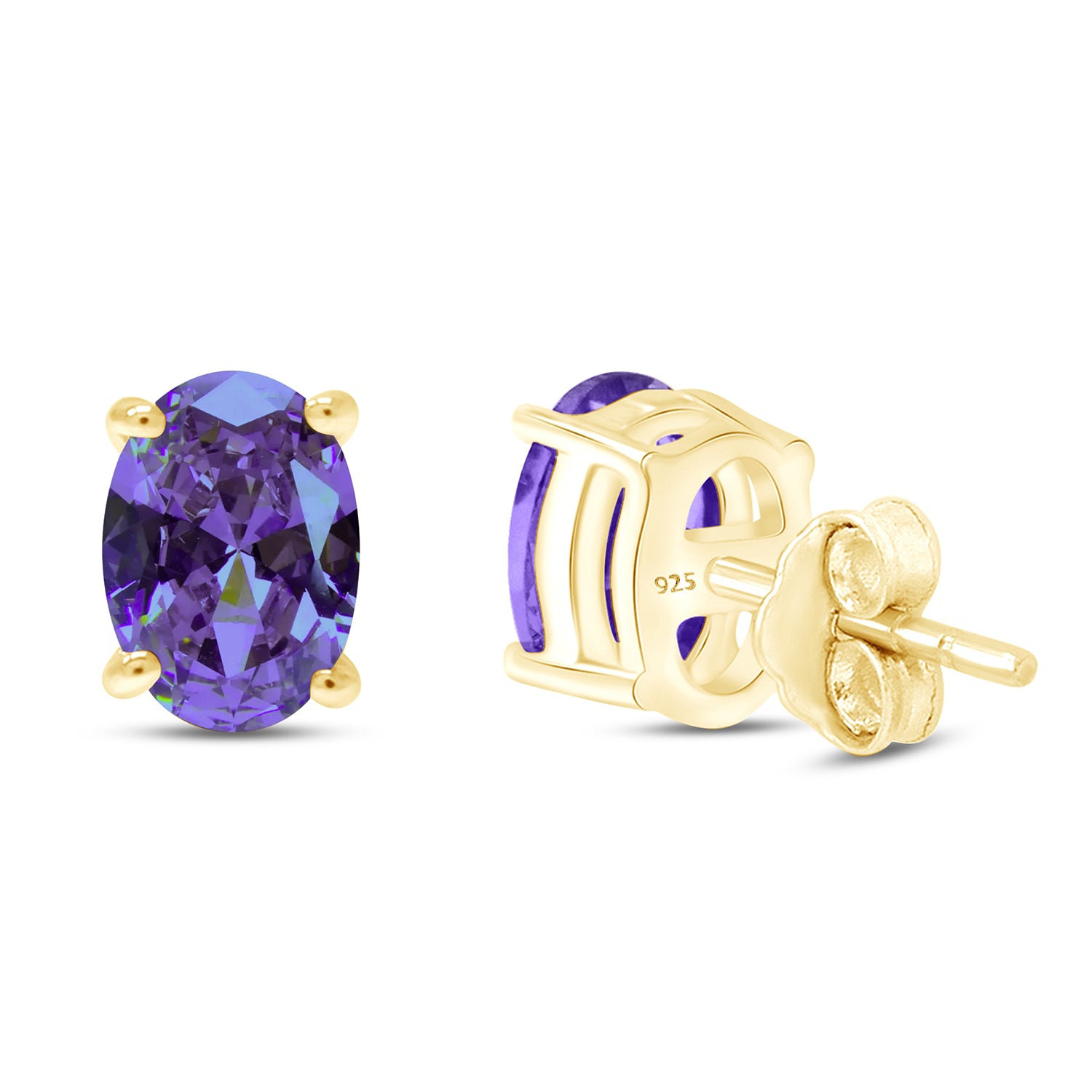 8X6MM Simulated Gemstone Solitaire Stud Earrings 14K Yellow Gold Plated Sterling Silver