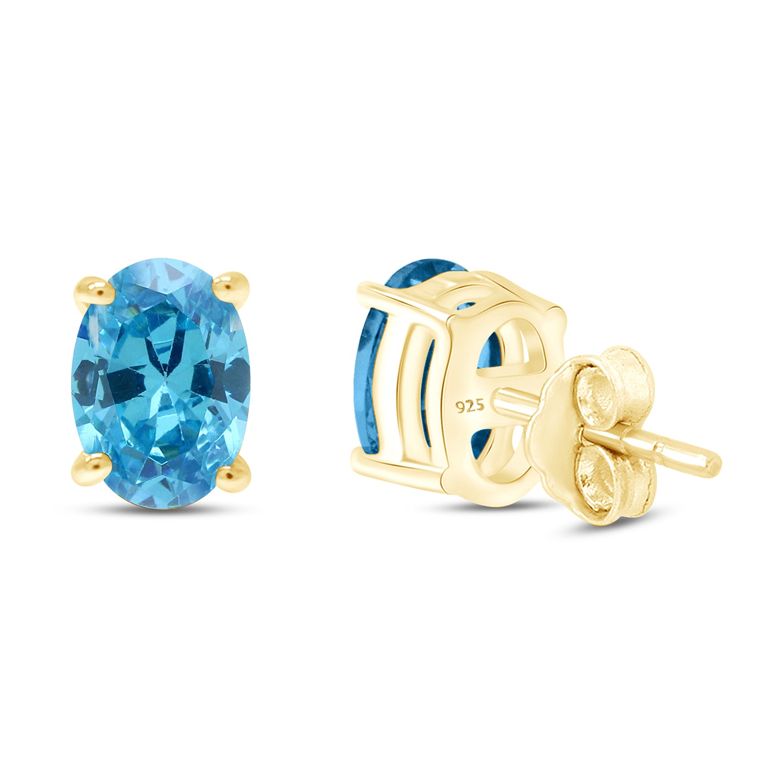 8X6MM Simulated Gemstone Solitaire Stud Earrings 14K Yellow Gold Plated Sterling Silver