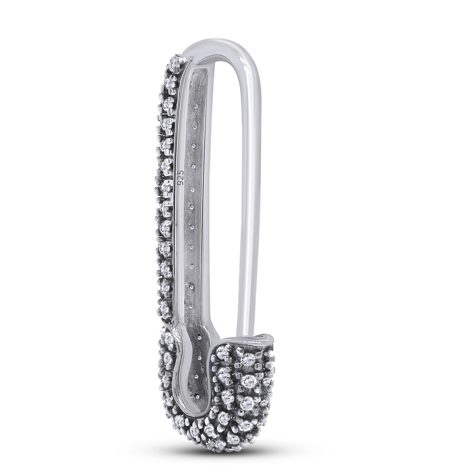 Round Cut White Cubic Zirconia Safety Pin SINGLE Dangle Hoop Earring For Women In 925 Sterling Silver