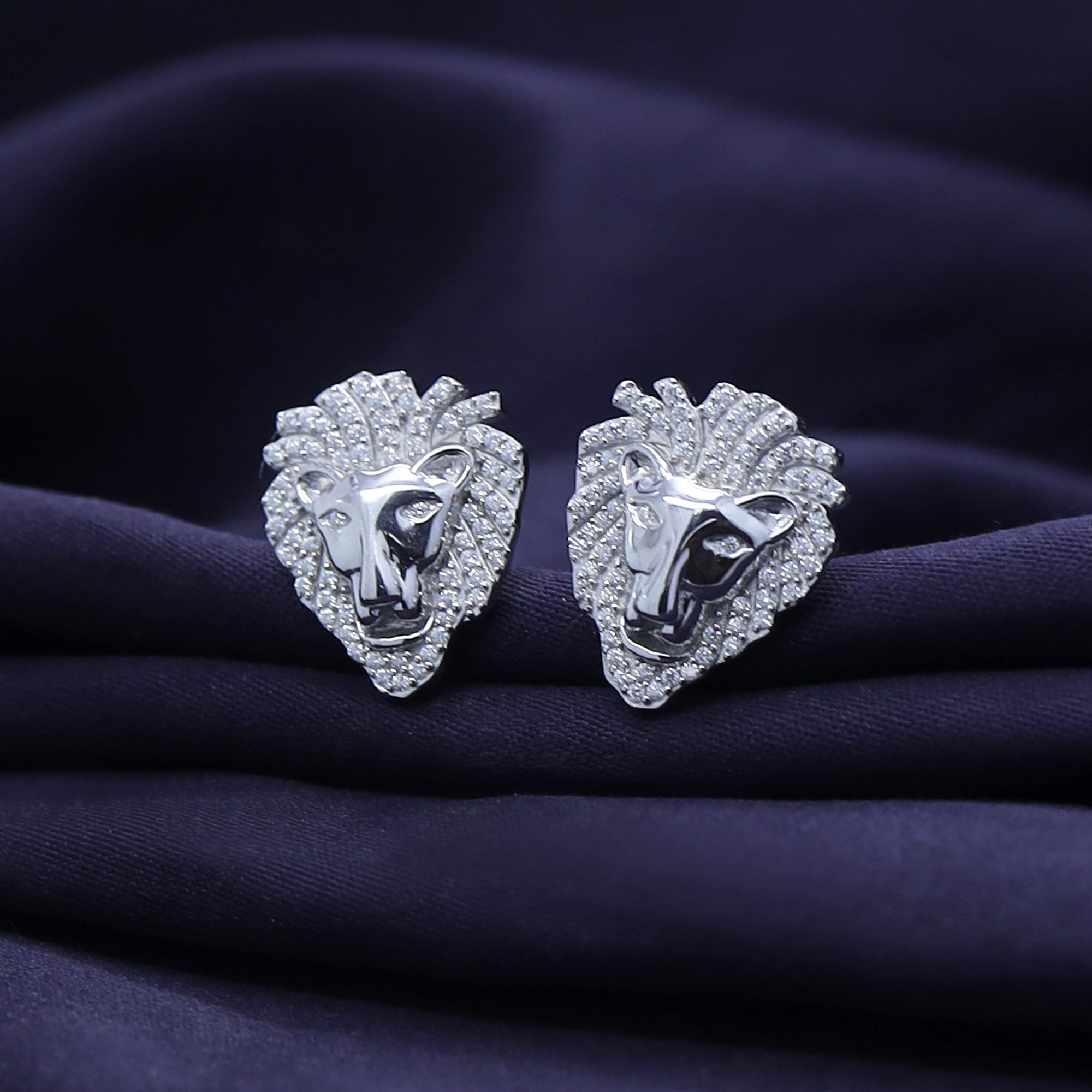 Lion Head Stud Earrings for Men Lab Created Moissanite Diamond