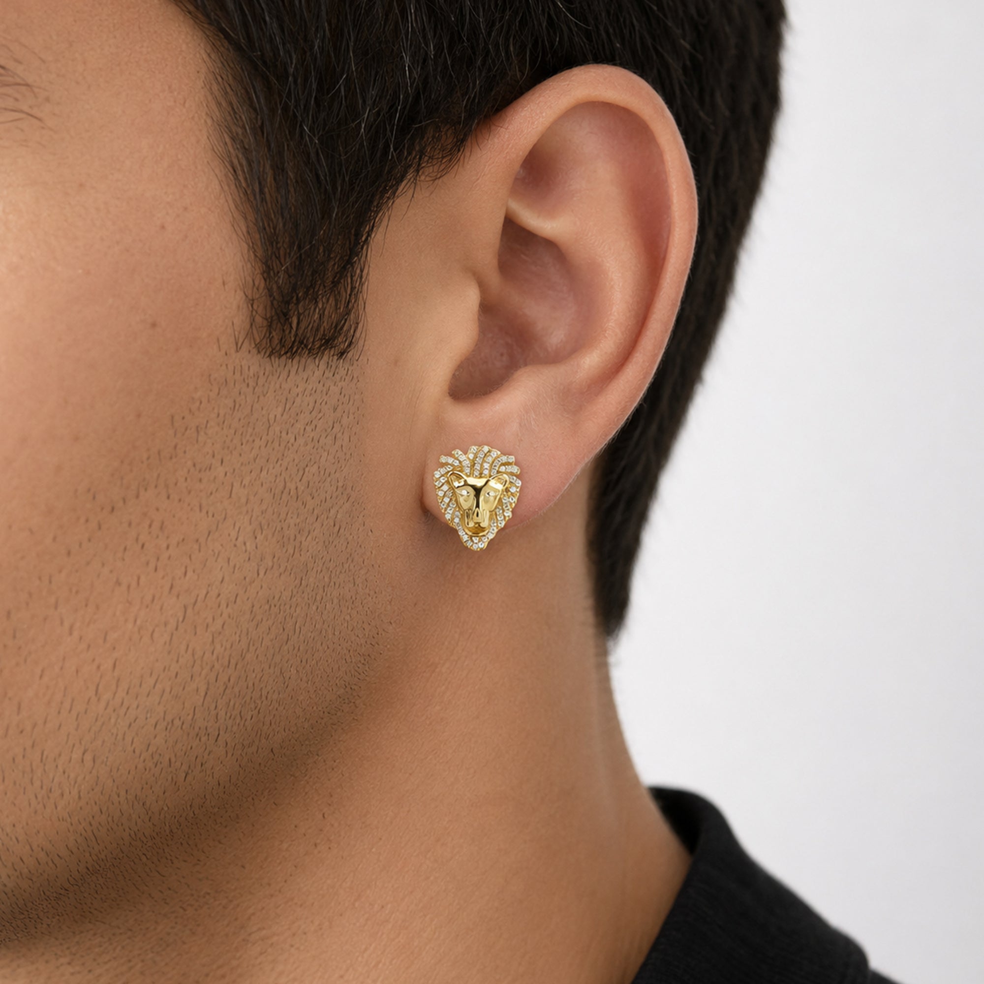 Lion Head Stud Earrings for Men Lab Created Moissanite Diamond