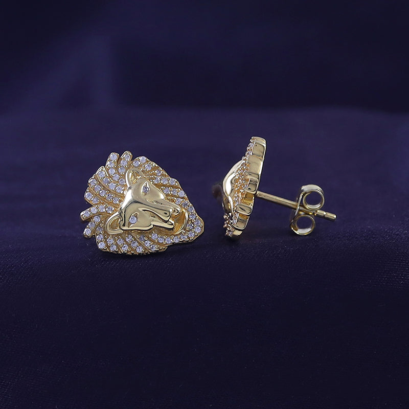 Lion Head Stud Earrings for Men Lab Created Moissanite Diamond