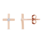 Natural White Diamond Cross Stud Earrings For Women's In 14K Gold Over Sterling Silver (0.02 Cttw, I2-I3 Clarity)
