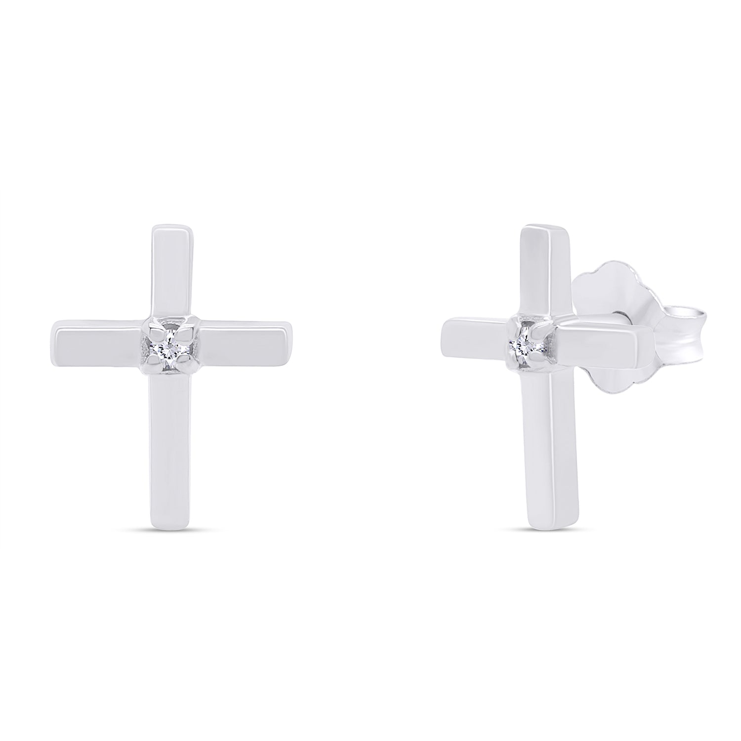 Natural White Diamond Cross Stud Earrings For Women's In 14K Gold Over Sterling Silver (0.02 Cttw, I2-I3 Clarity)