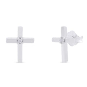Natural White Diamond Cross Stud Earrings For Women's In 14K Gold Over Sterling Silver (0.02 Cttw, I2-I3 Clarity)