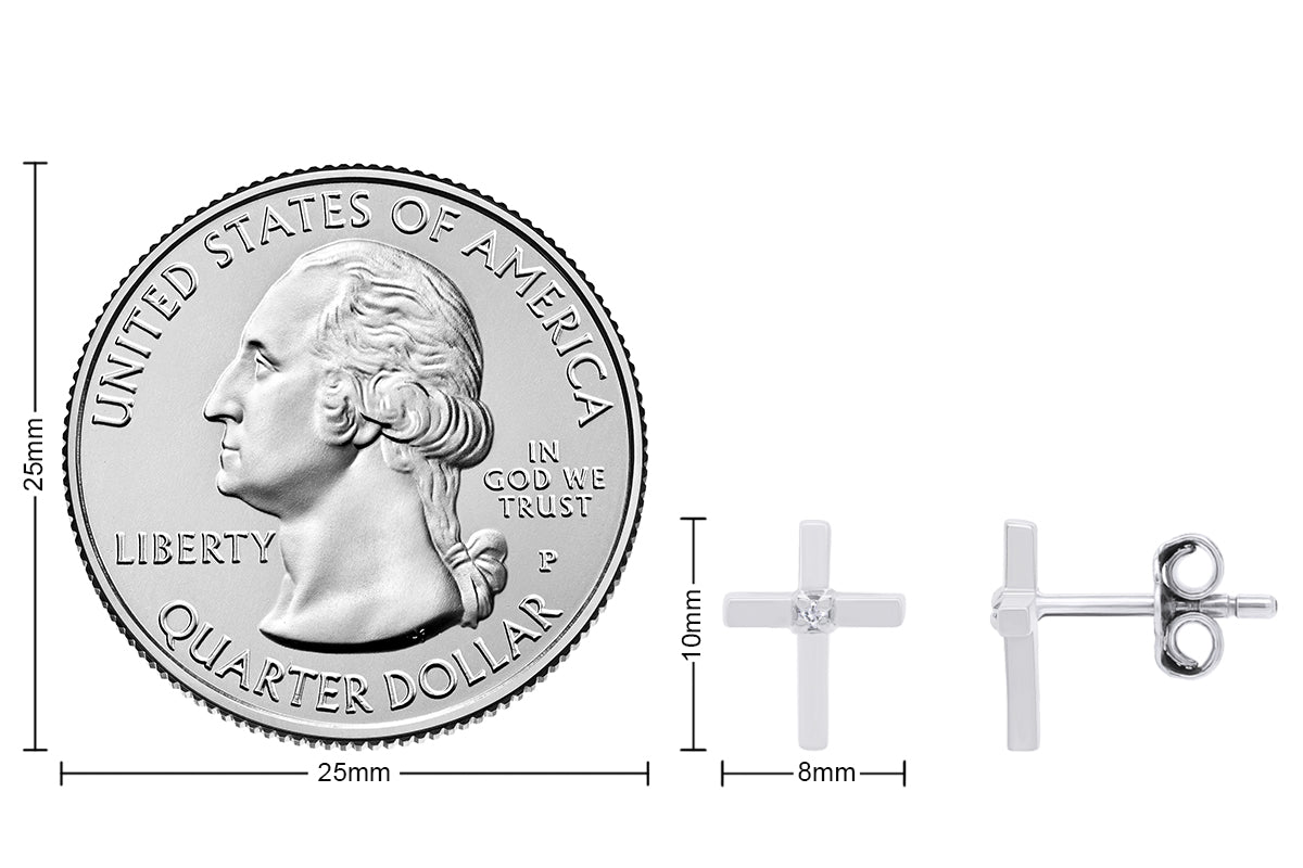 Natural White Diamond Cross Stud Earrings For Women's In 14K Gold Over Sterling Silver (0.02 Cttw, I2-I3 Clarity)
