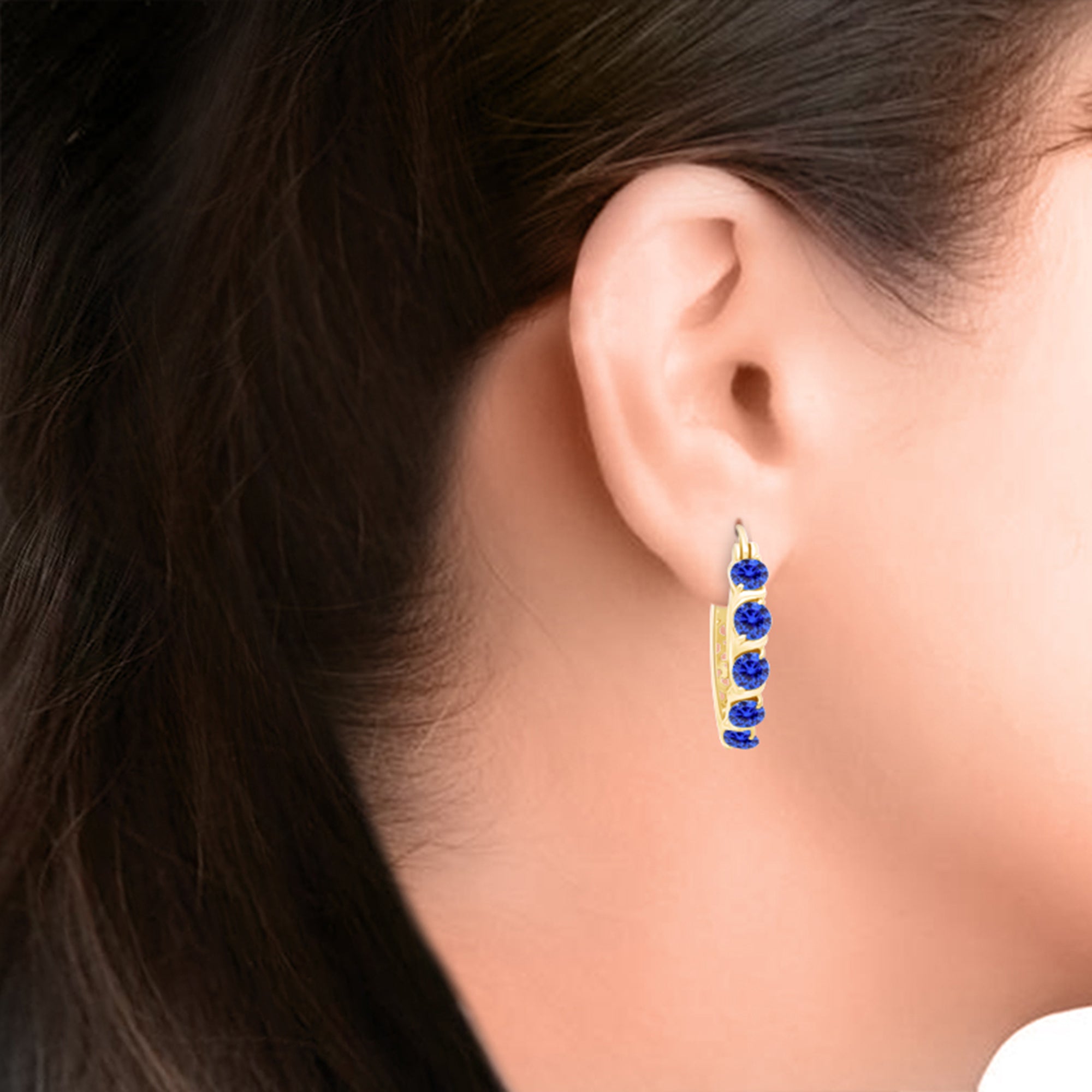 Round Simulated Blue Sapphire Dainty Hoop Earrings for Women Sterling Silver