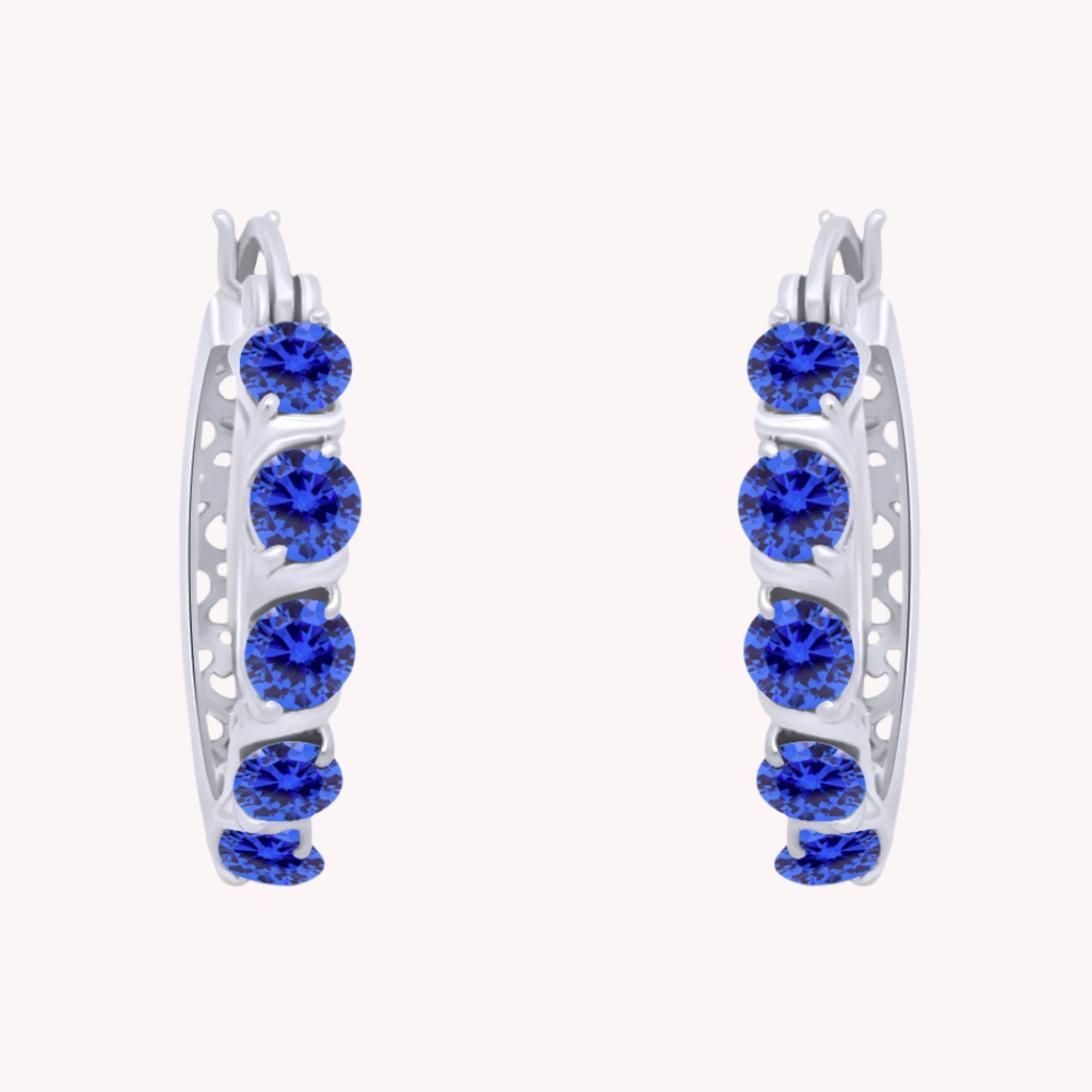 Round Simulated Blue Sapphire Dainty Hoop Earrings for Women Sterling Silver