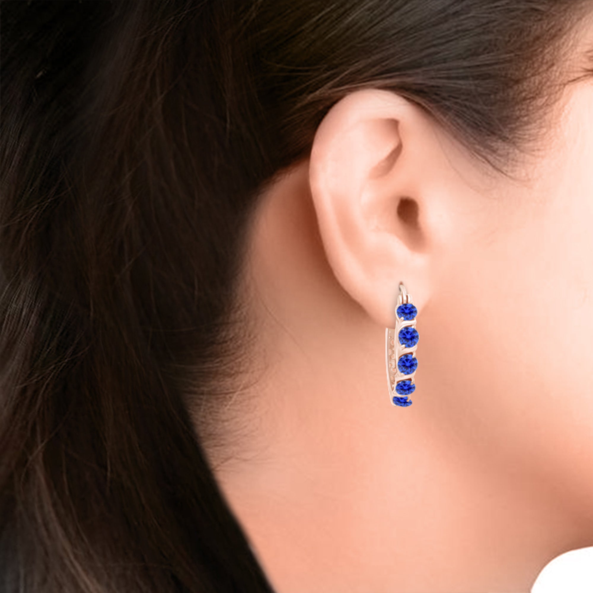 Round Simulated Blue Sapphire Dainty Hoop Earrings for Women Sterling Silver
