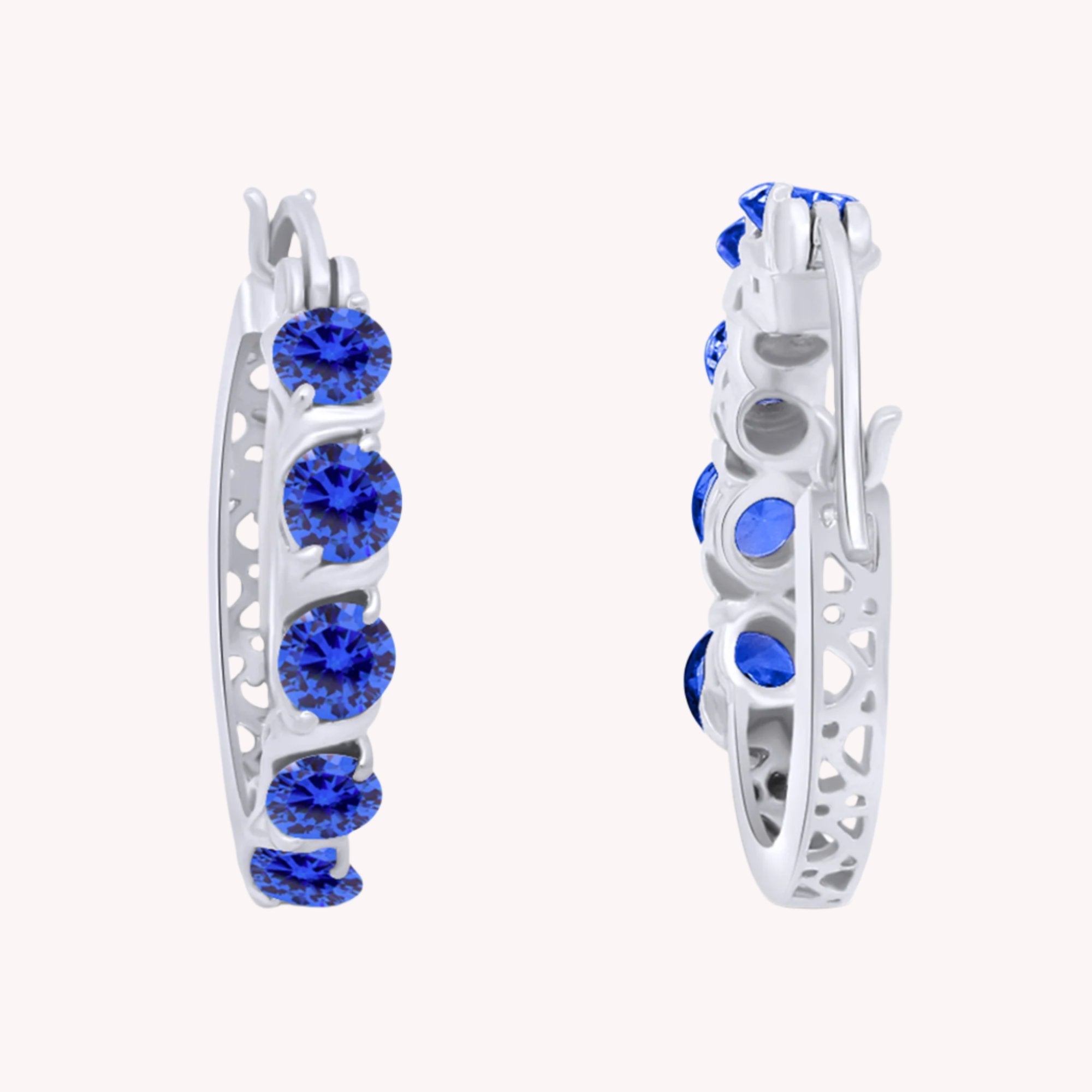 Round Simulated Blue Sapphire Dainty Hoop Earrings for Women Sterling Silver