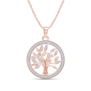 Natural Diamond Two Tone Tree of Life Pendant Necklace Sterling Silver