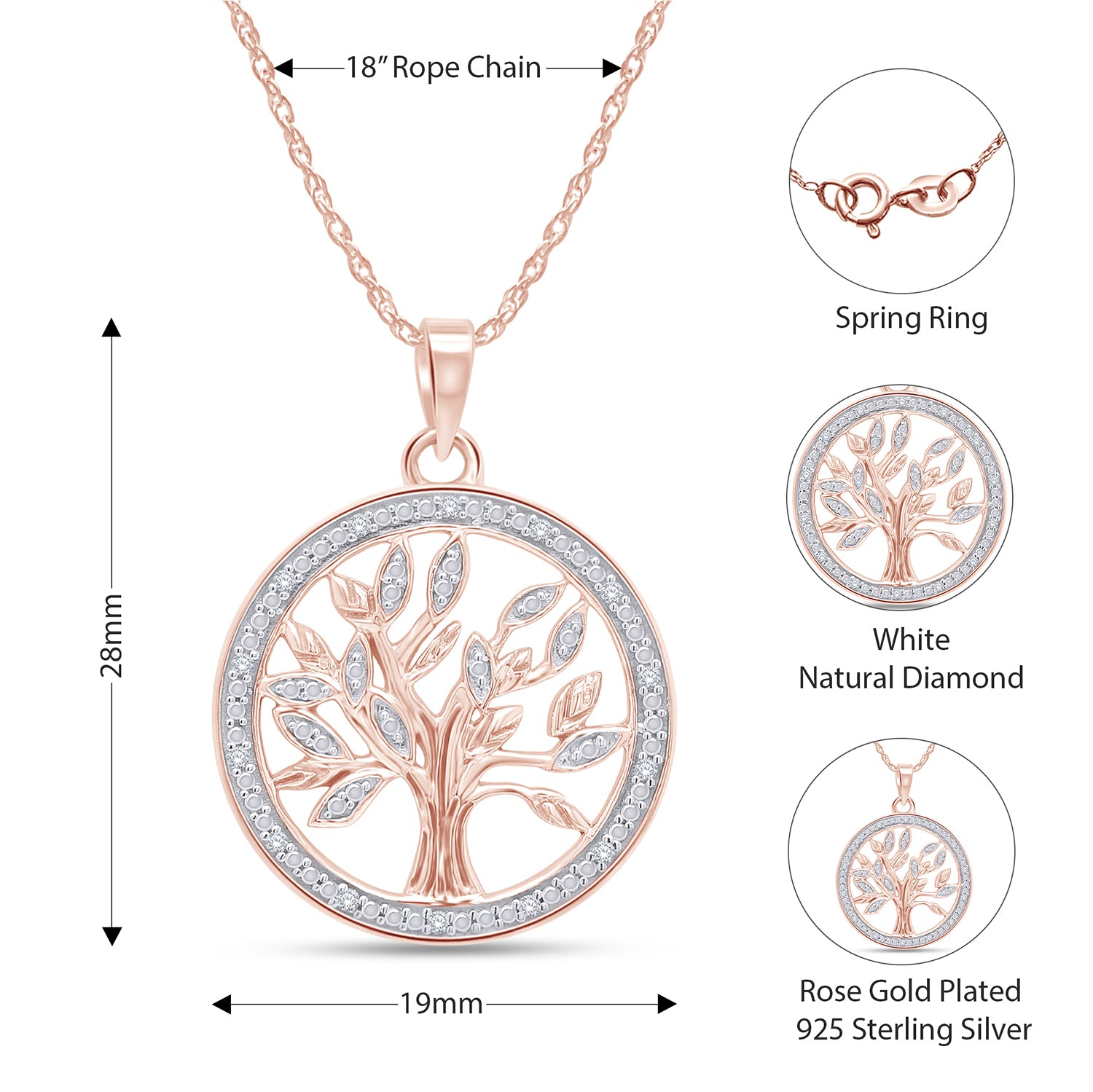 Natural Diamond Two Tone Tree of Life Pendant Necklace Sterling Silver