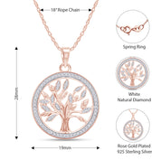 Natural Diamond Two Tone Tree of Life Pendant Necklace Sterling Silver
