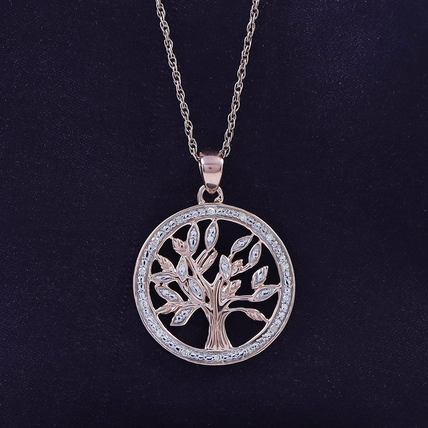 Natural Diamond Two Tone Tree of Life Pendant Necklace Sterling Silver