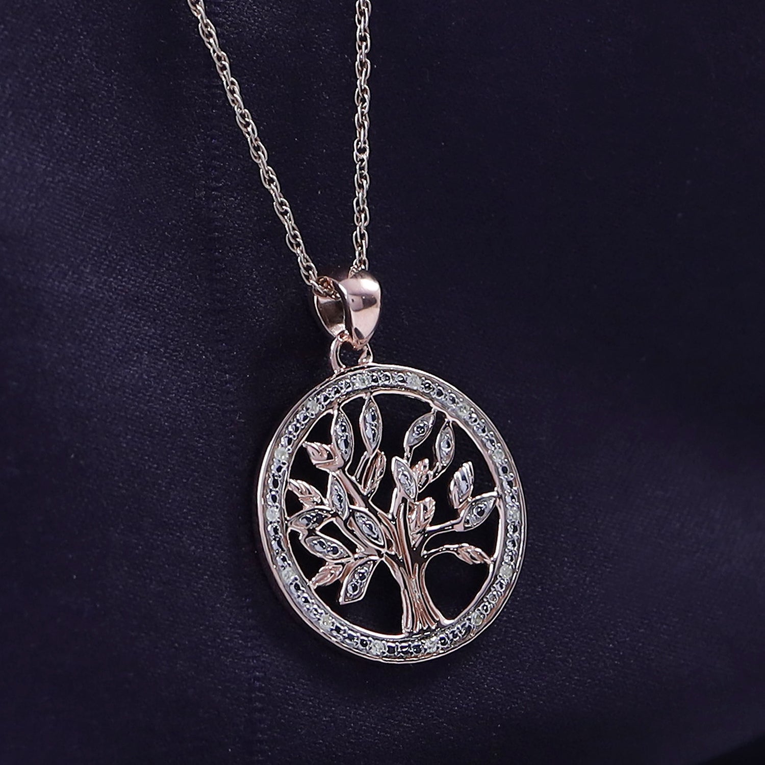 Natural Diamond Two Tone Tree of Life Pendant Necklace Sterling Silver