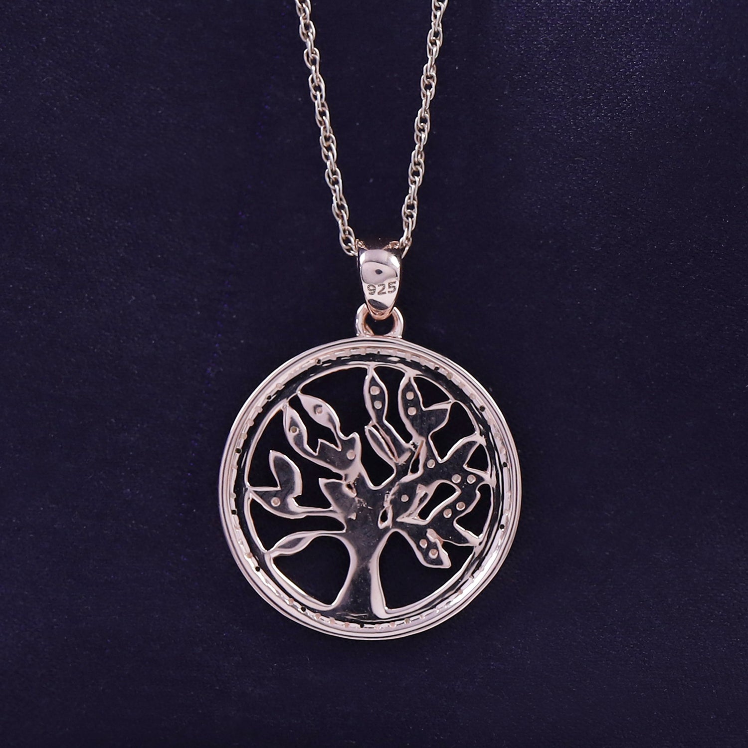 Natural Diamond Two Tone Tree of Life Pendant Necklace Sterling Silver