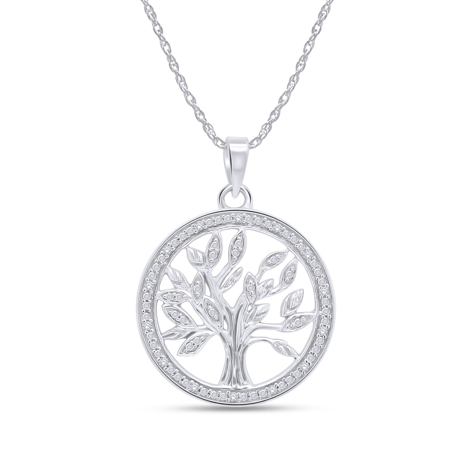 Natural Diamond Two Tone Tree of Life Pendant Necklace Sterling Silver