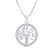 Natural Diamond Two Tone Tree of Life Pendant Necklace Sterling Silver