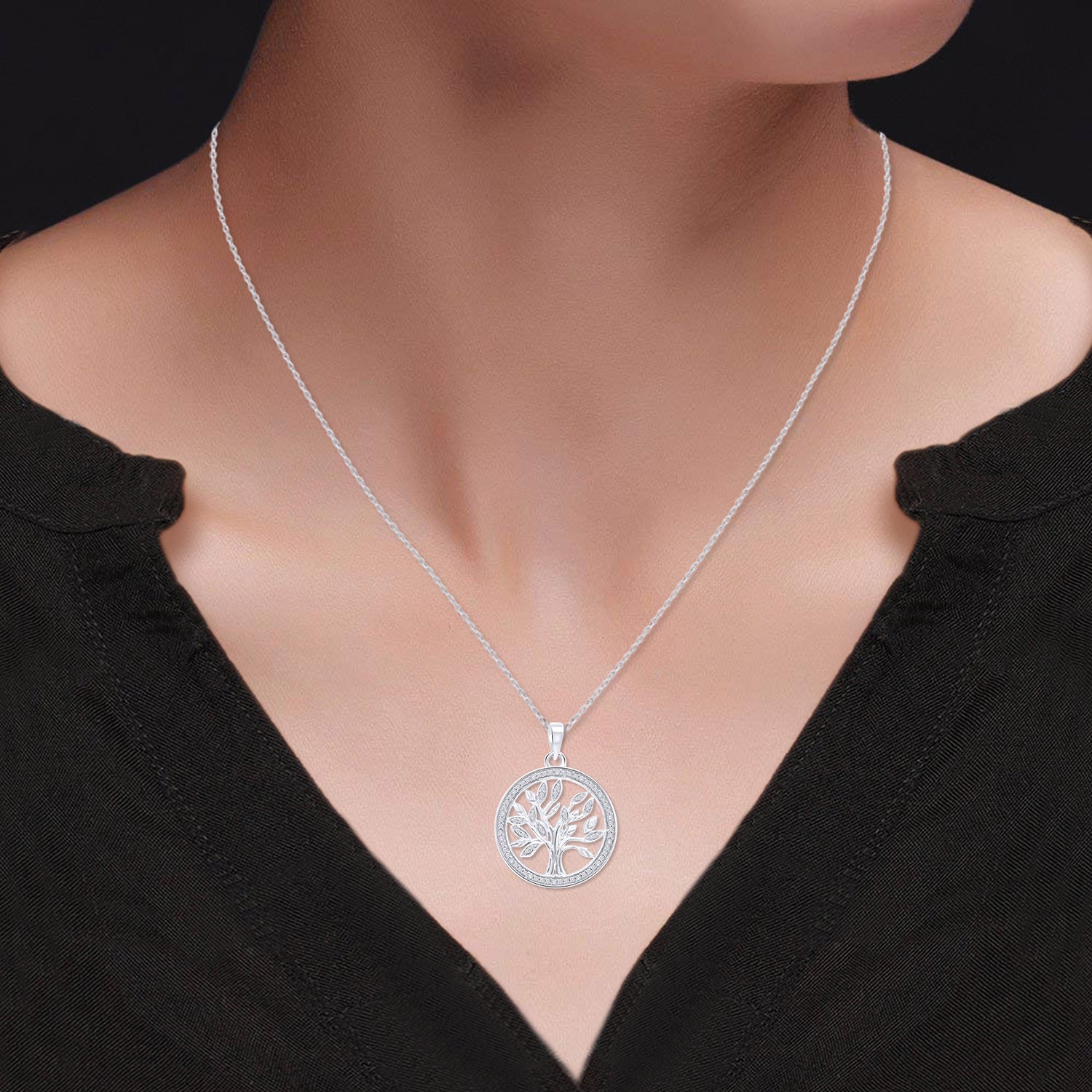 Natural Diamond Two Tone Tree of Life Pendant Necklace Sterling Silver
