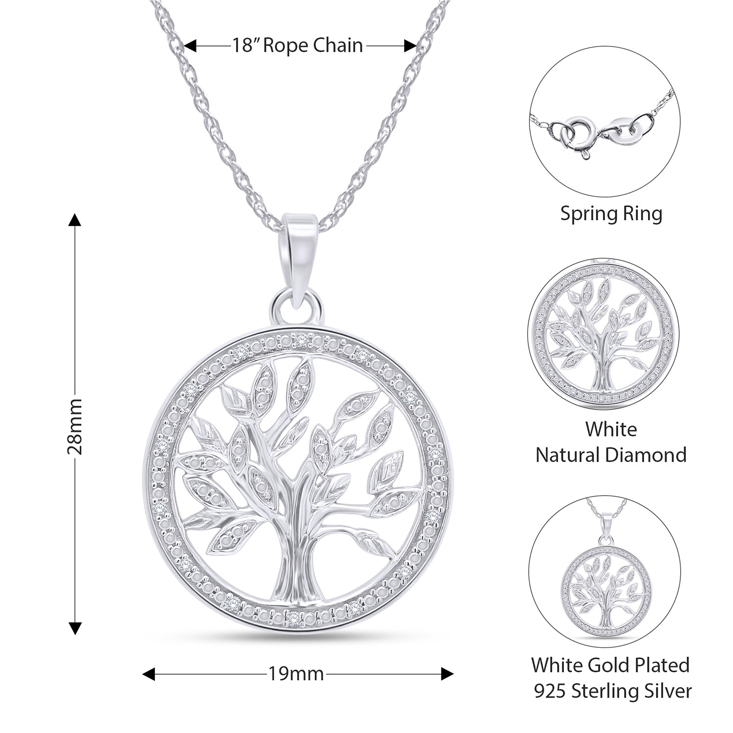 Natural Diamond Two Tone Tree of Life Pendant Necklace Sterling Silver