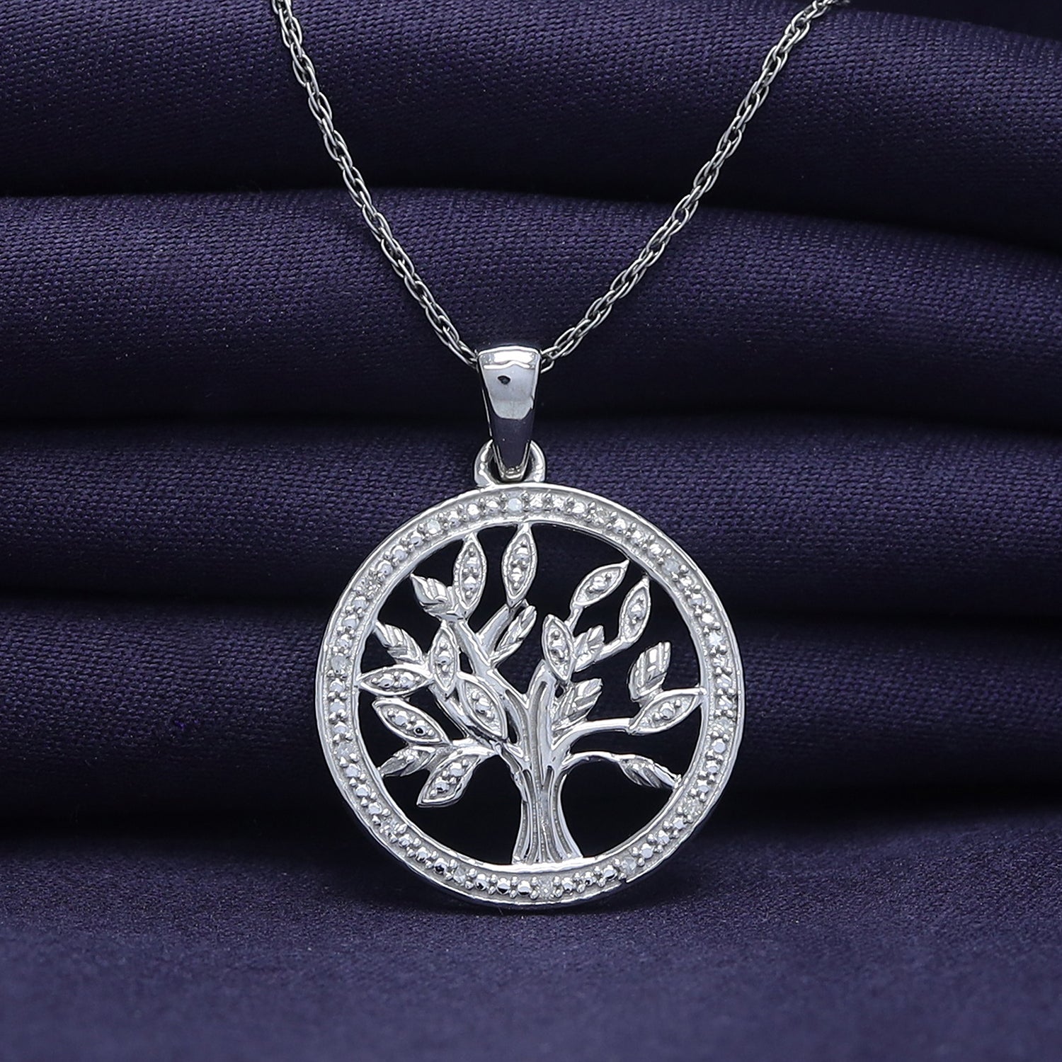 Natural Diamond Two Tone Tree of Life Pendant Necklace Sterling Silver